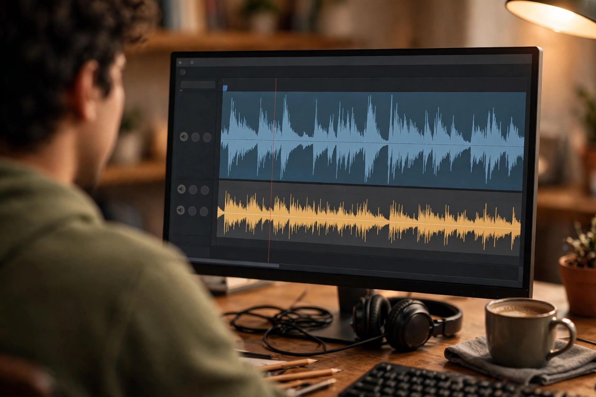 How to Record Voiceovers for Vlogs 7 Video editing timeline on a monitor showing a voiceover audio track layered above background music with clip edits and level adjustments visible