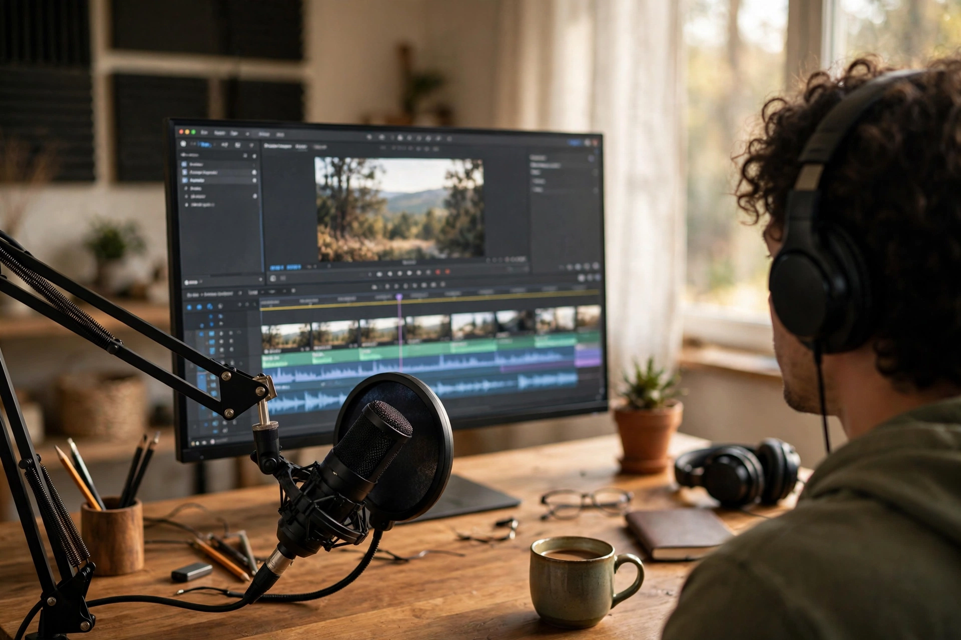 How to Record Voiceovers for Vlogs 5 Creator recording voiceover at a desk while watching a muted vlog timeline play on a monitor, microphone on a boom arm in front of them