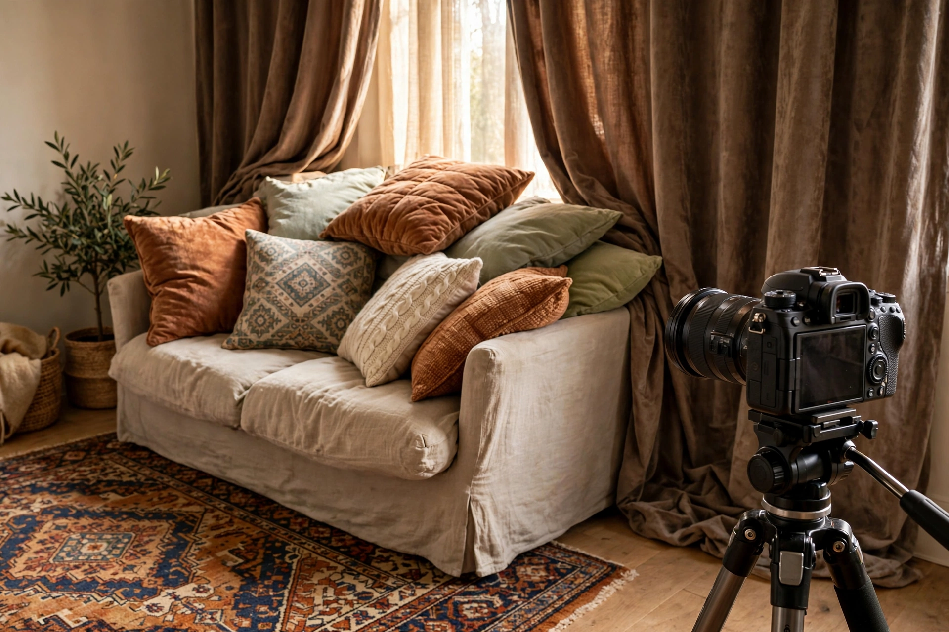 Taming Your Room: Acoustic Treatment for Echoey, Noisy Filming Spaces 6 Filming corner softened with a thick rug, heavy curtains and cushions on a sofa, camera on tripod facing the seating area