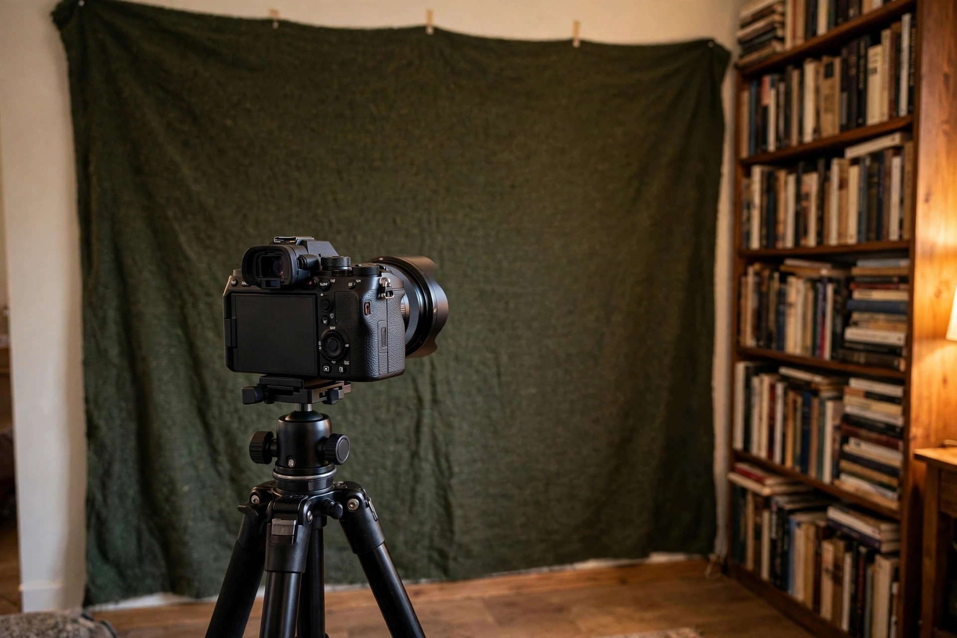 Taming Your Room: Acoustic Treatment for Echoey, Noisy Filming Spaces 7 Home filming setup with a thick blanket hung on the wall behind the camera position and a bookshelf filling the corner of the room