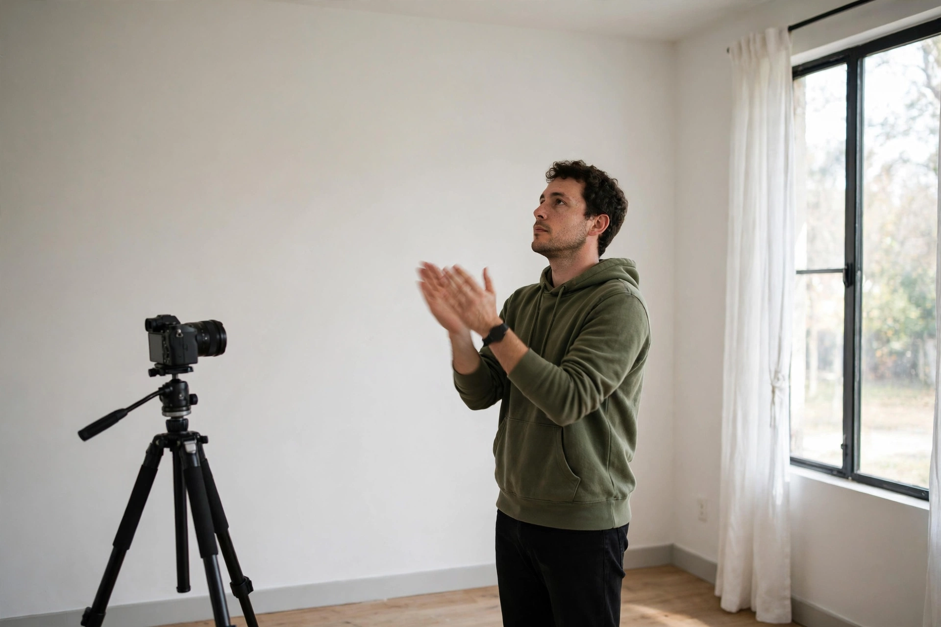 Taming Your Room: Acoustic Treatment for Echoey, Noisy Filming Spaces 5 Creator standing in a living room doing a clap test to check for echo, camera on a tripod facing them and bare walls around