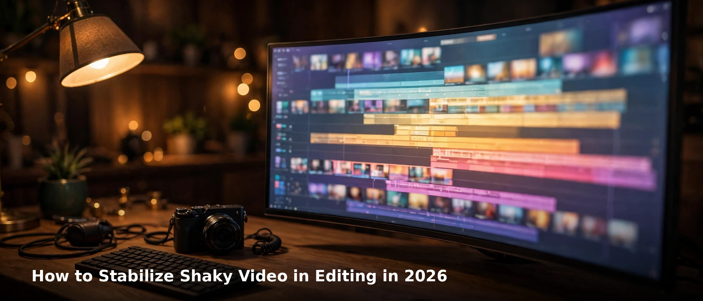 How to Stabilize Shaky Video in Editing in 2026 4 Cinematic editing desk with an ultrawide monitor showing an abstract editing timeline with stacked tracks, a camera beside the keyboard and warm lamp light, with the title How to Stabilize Shaky Video in Editing in 2026 in white text at the bottom left