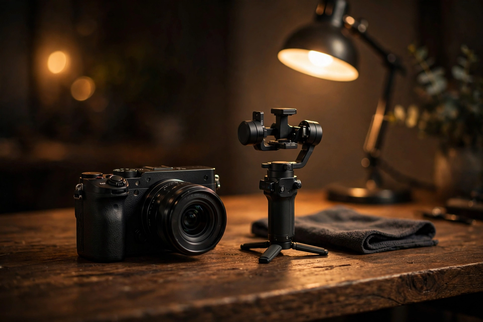 How to Stabilize Shaky Video in Editing in 2026 7 Handheld camera on a wooden desk beside a small gimbal, both still, in warm lamp light