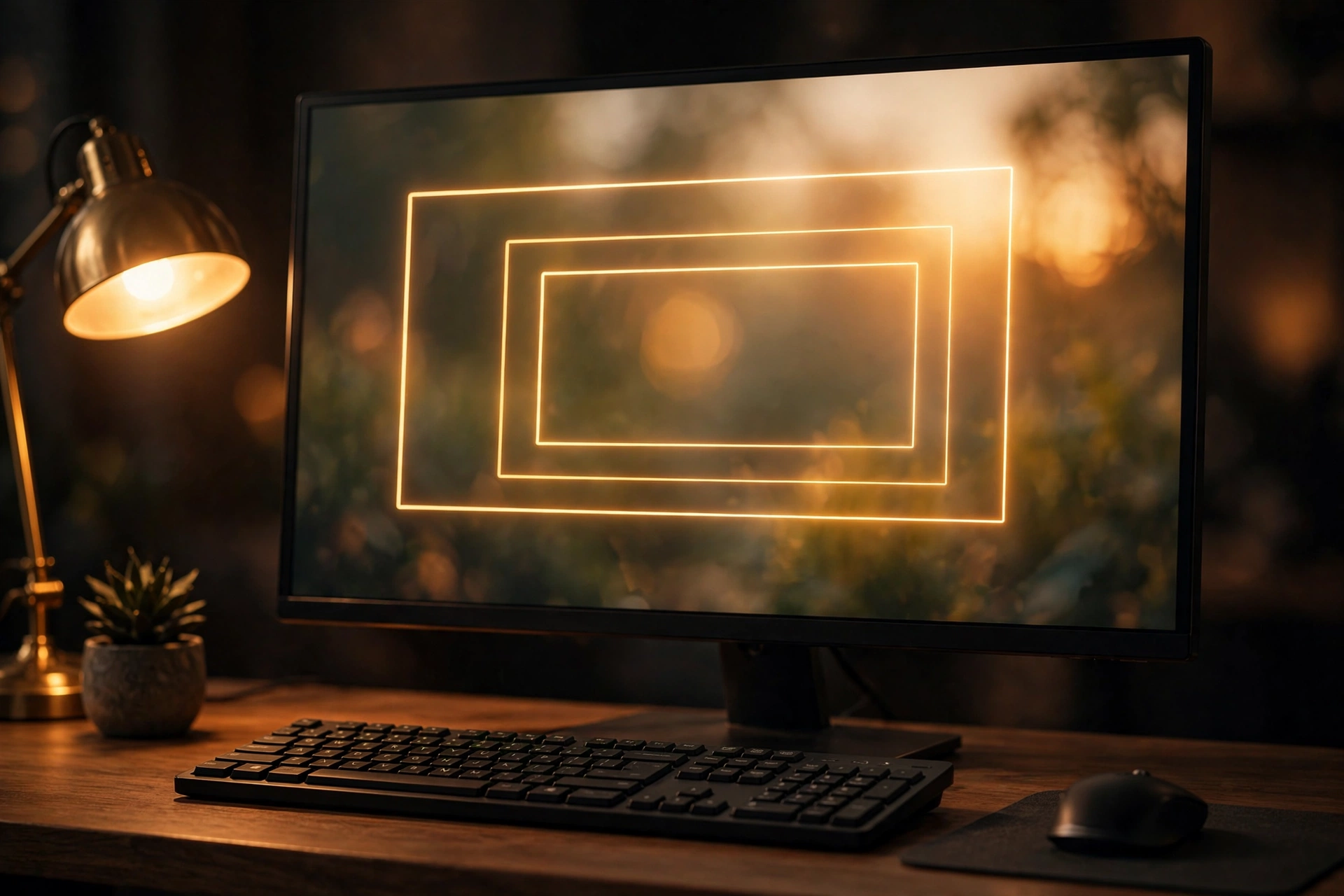 How to Stabilize Shaky Video in Editing in 2026 6 Desk setup with a monitor showing abstract glowing crop guide rectangles over a soft blurred image, with a keyboard and mouse in warm light