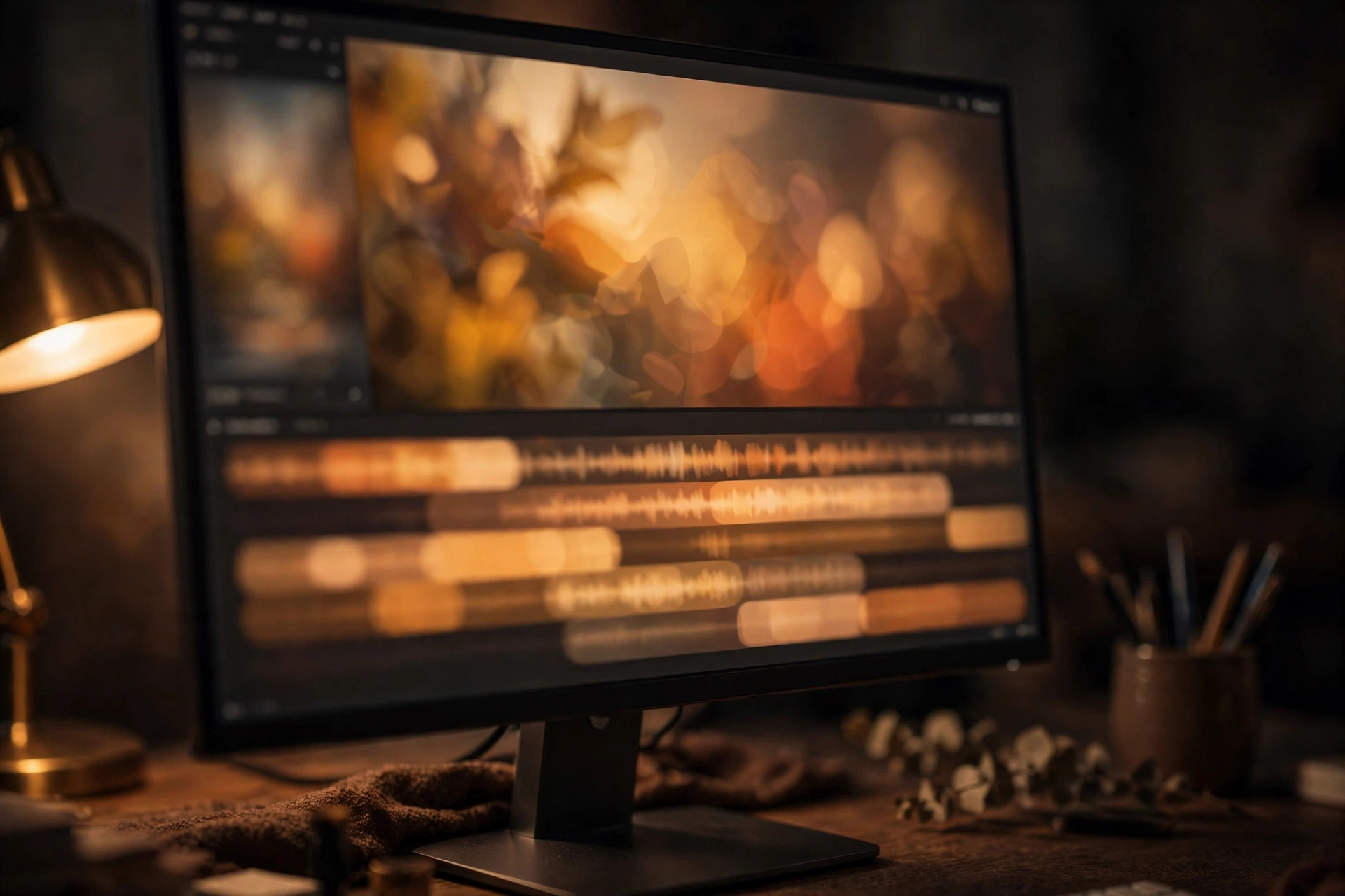 How to Stabilize Shaky Video in Editing in 2026 5 Close view of a monitor showing an abstract editing timeline with audio waveforms and a clip preview of soft blurred shapes in warm light