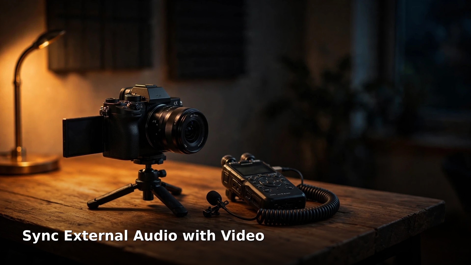 A mirrorless vlogging camera on a mini tripod beside a portable audio recorder and lavalier microphone on a wooden desk under a warm lamp, with the short title Sync External Audio with Video in white text at the bottom left.