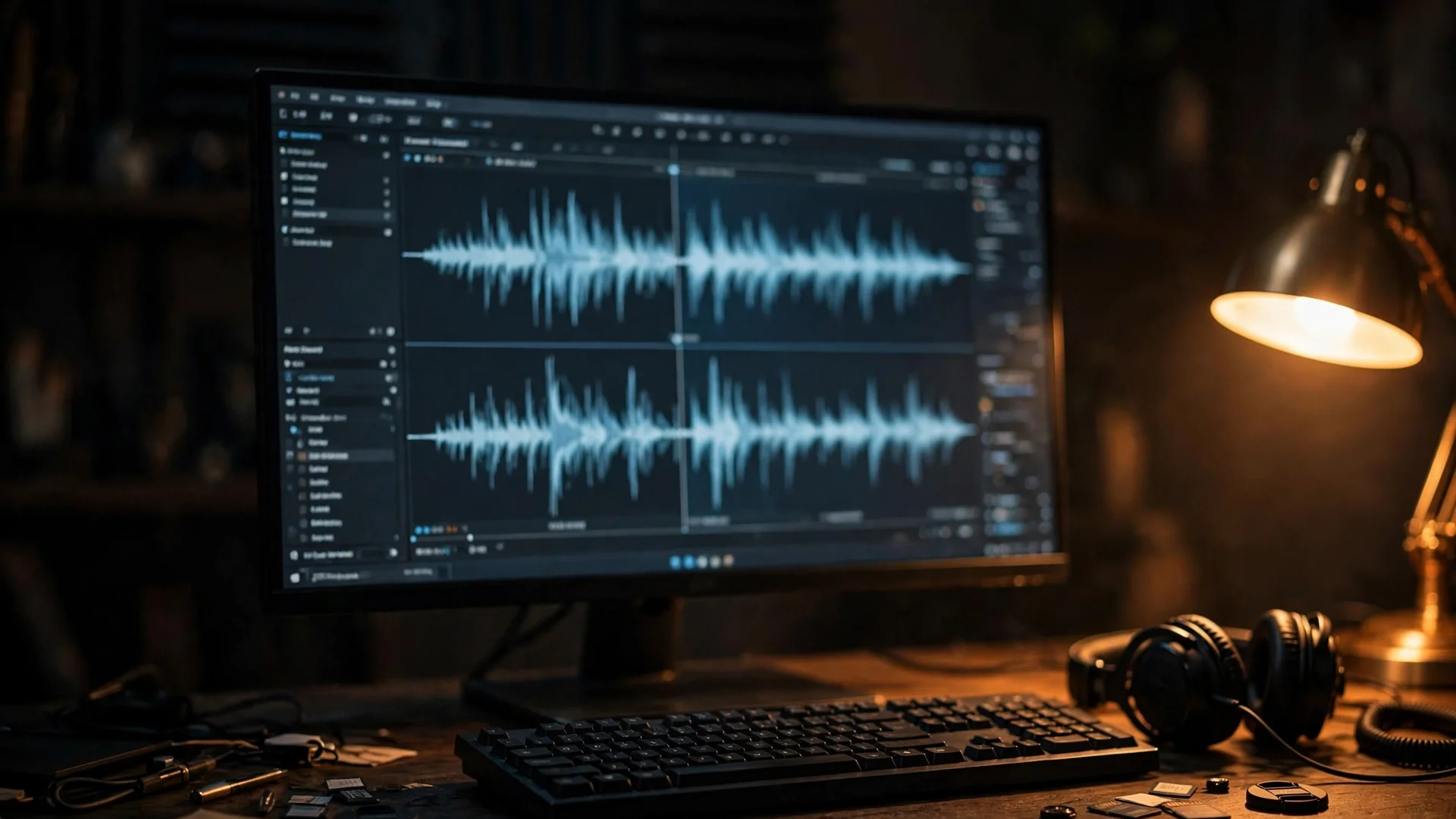 A monitor in a dark editing room showing two audio waveforms being aligned, with a keyboard, headphones and a warm desk lamp