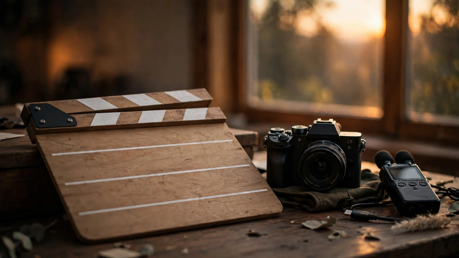 A blank wooden clapperboard beside a mirrorless camera and a portable audio recorder on a desk in warm evening window light