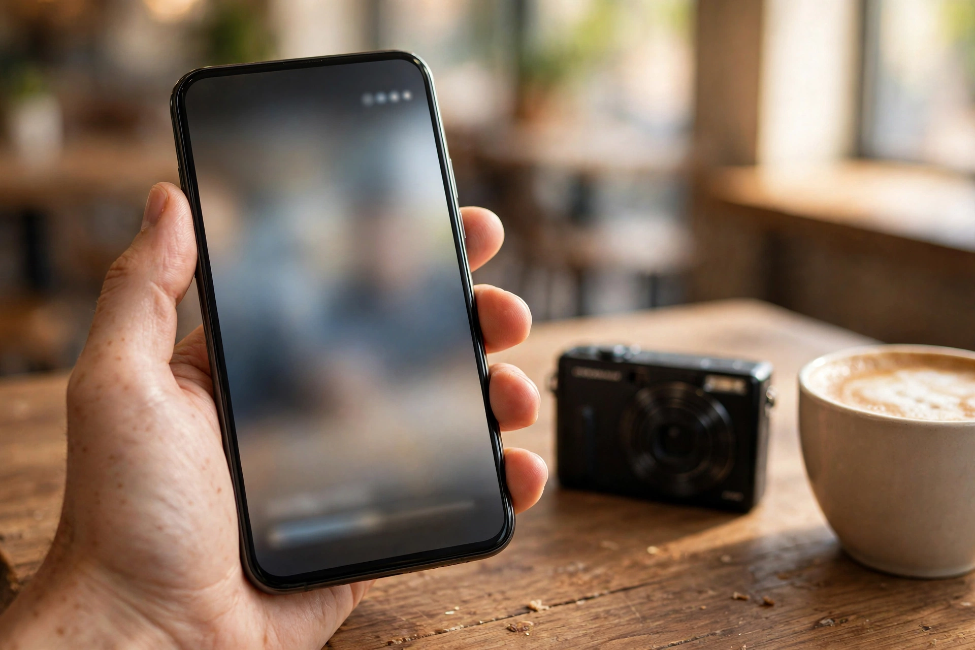 Write Video Titles That Earn the Click (Without Clickbait) 6 Hand holding a smartphone showing a video feed with titles cut off by ellipses, coffee cup and camera on the table beside it