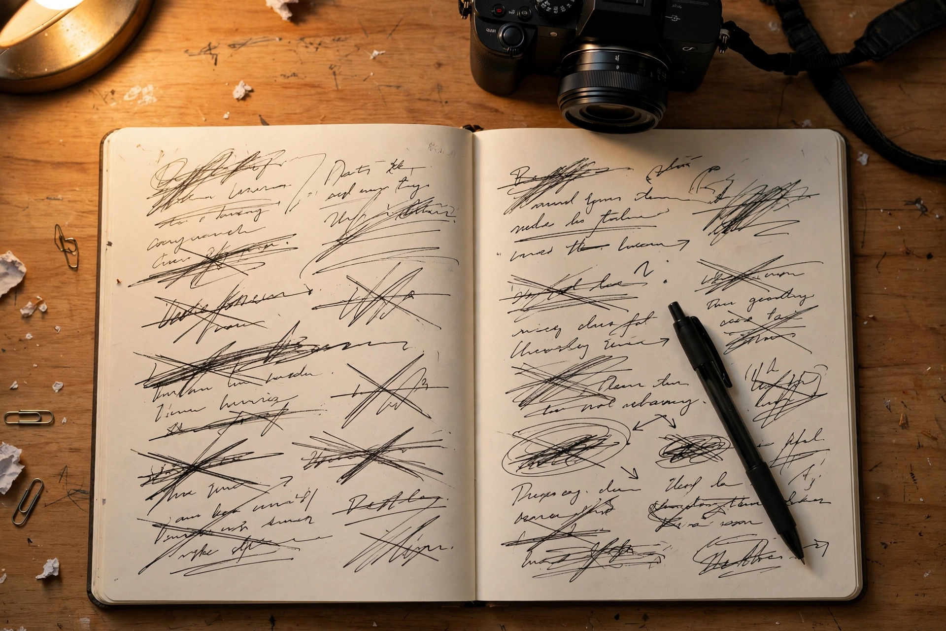 Write Video Titles That Earn the Click (Without Clickbait) 7 Notebook page filled with handwritten draft video titles, some crossed out and rewritten, pen resting on the page beside a camera