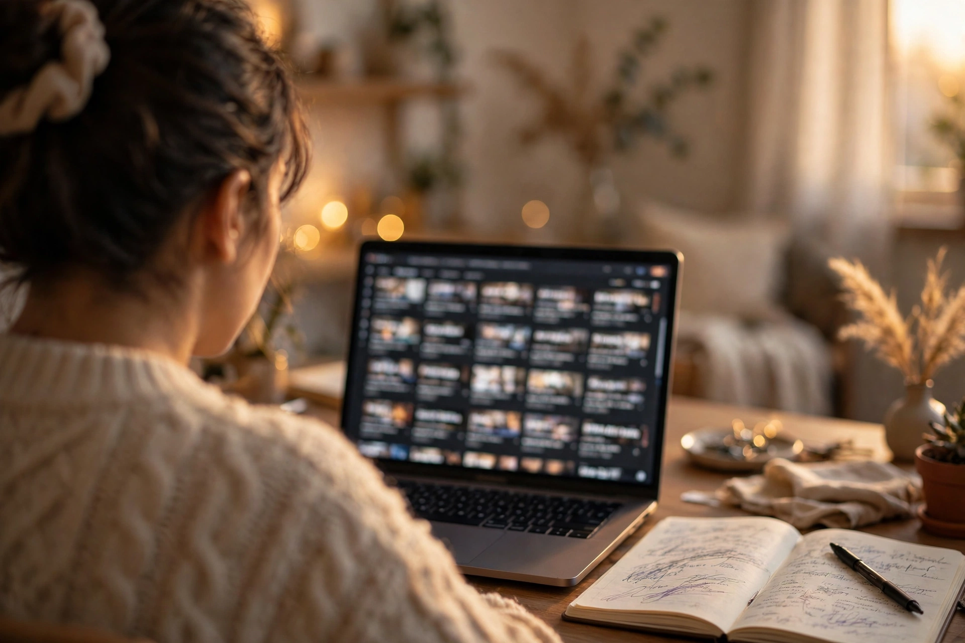 Write Video Titles That Earn the Click (Without Clickbait) 5 Creator at a desk in warm evening light looking at a laptop screen showing rows of video titles, notebook open beside the keyboard
