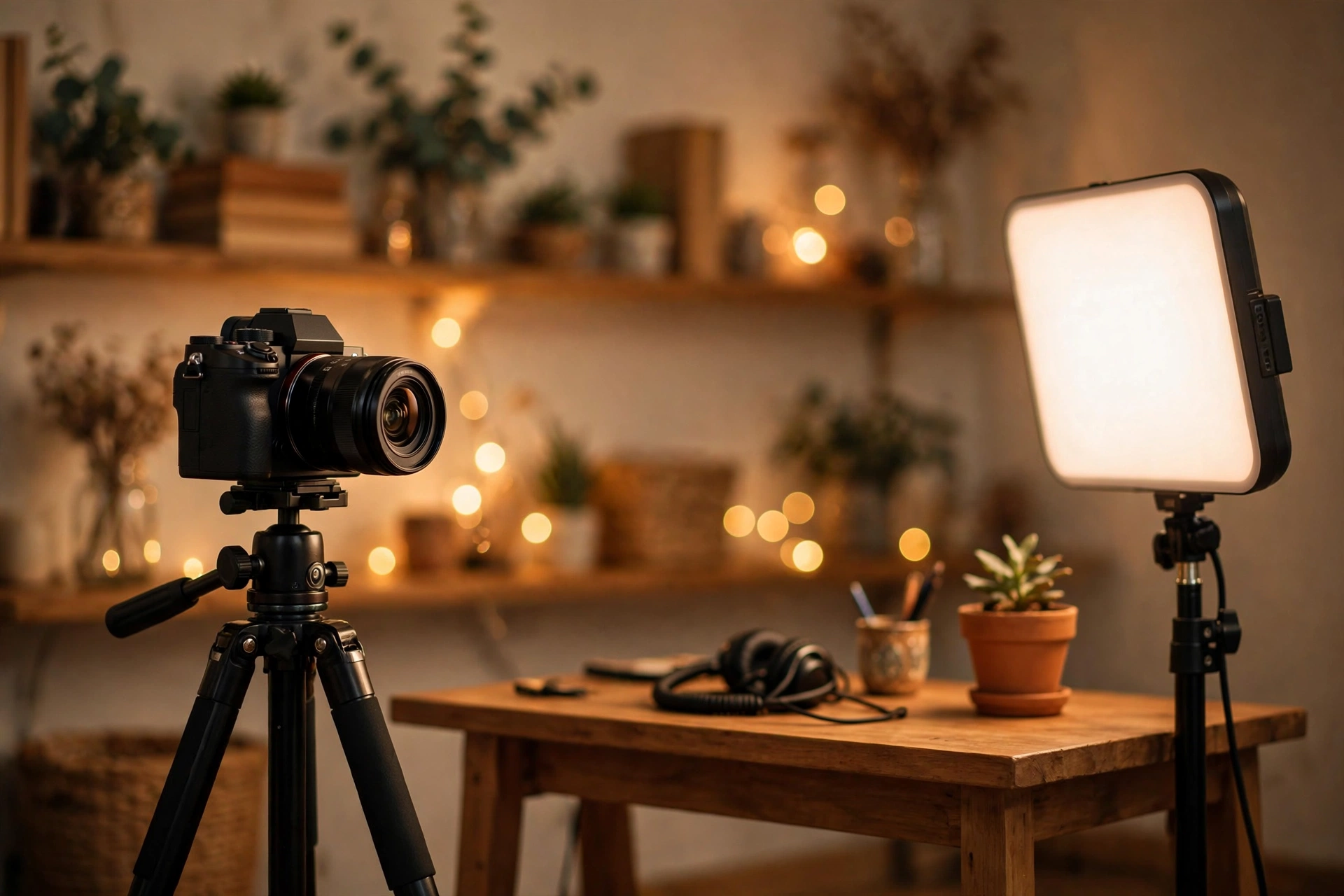 Lens Science for Vloggers: Focal Length, Face Distortion, Aperture and Depth of Field 7 Talking head video setup in a home studio with a camera on a tripod, soft key light, and a blurred background