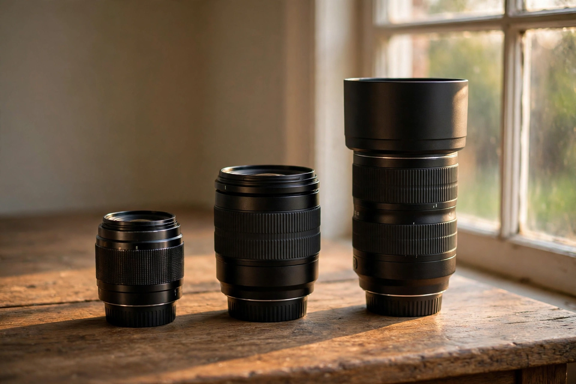 Lens Science for Vloggers: Focal Length, Face Distortion, Aperture and Depth of Field 6 Three camera lenses of different sizes standing in a row on a wooden table by a window in warm natural light