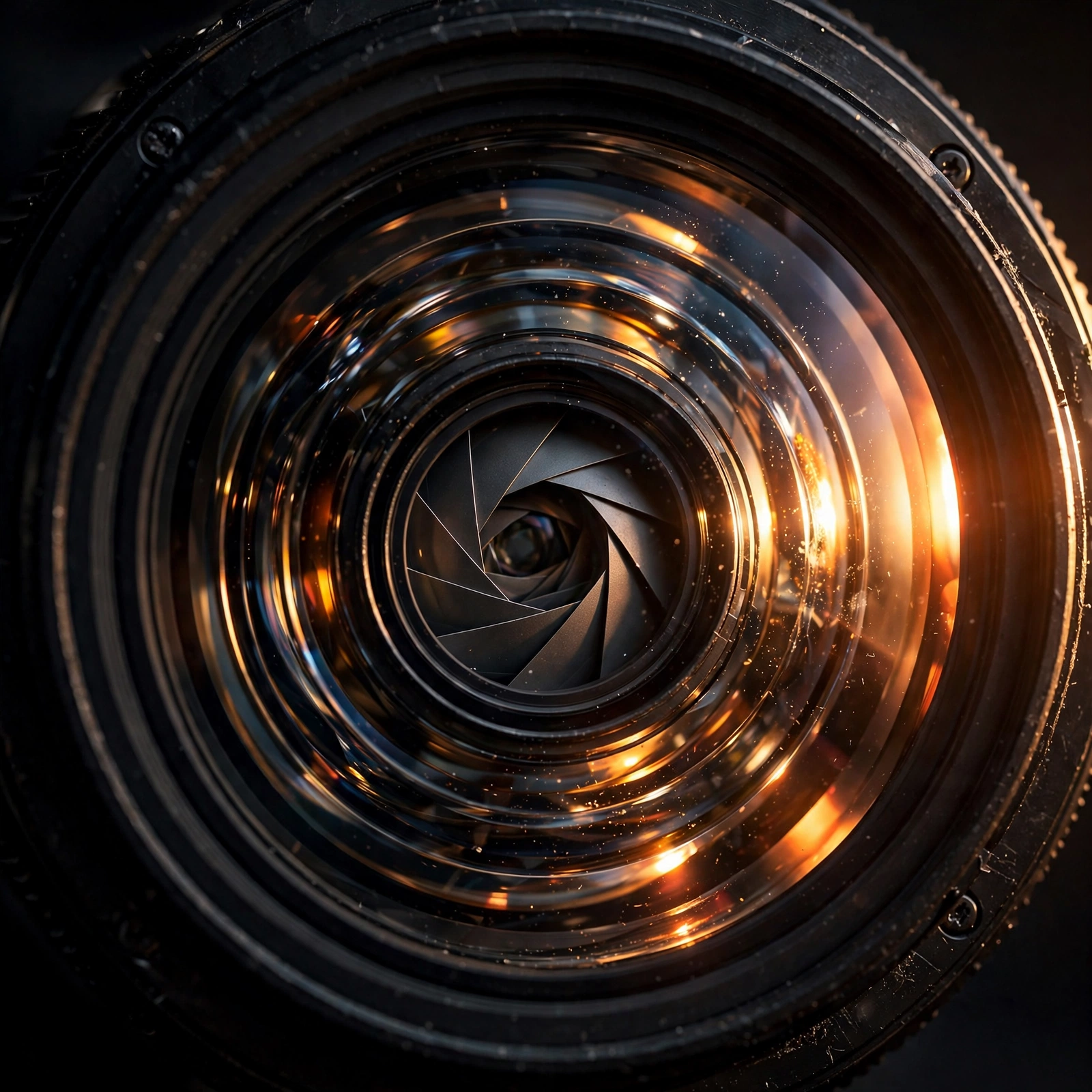 Lens Science for Vloggers: Focal Length, Face Distortion, Aperture and Depth of Field 5 Macro view into the front of a camera lens showing glass elements and aperture blades in warm side light