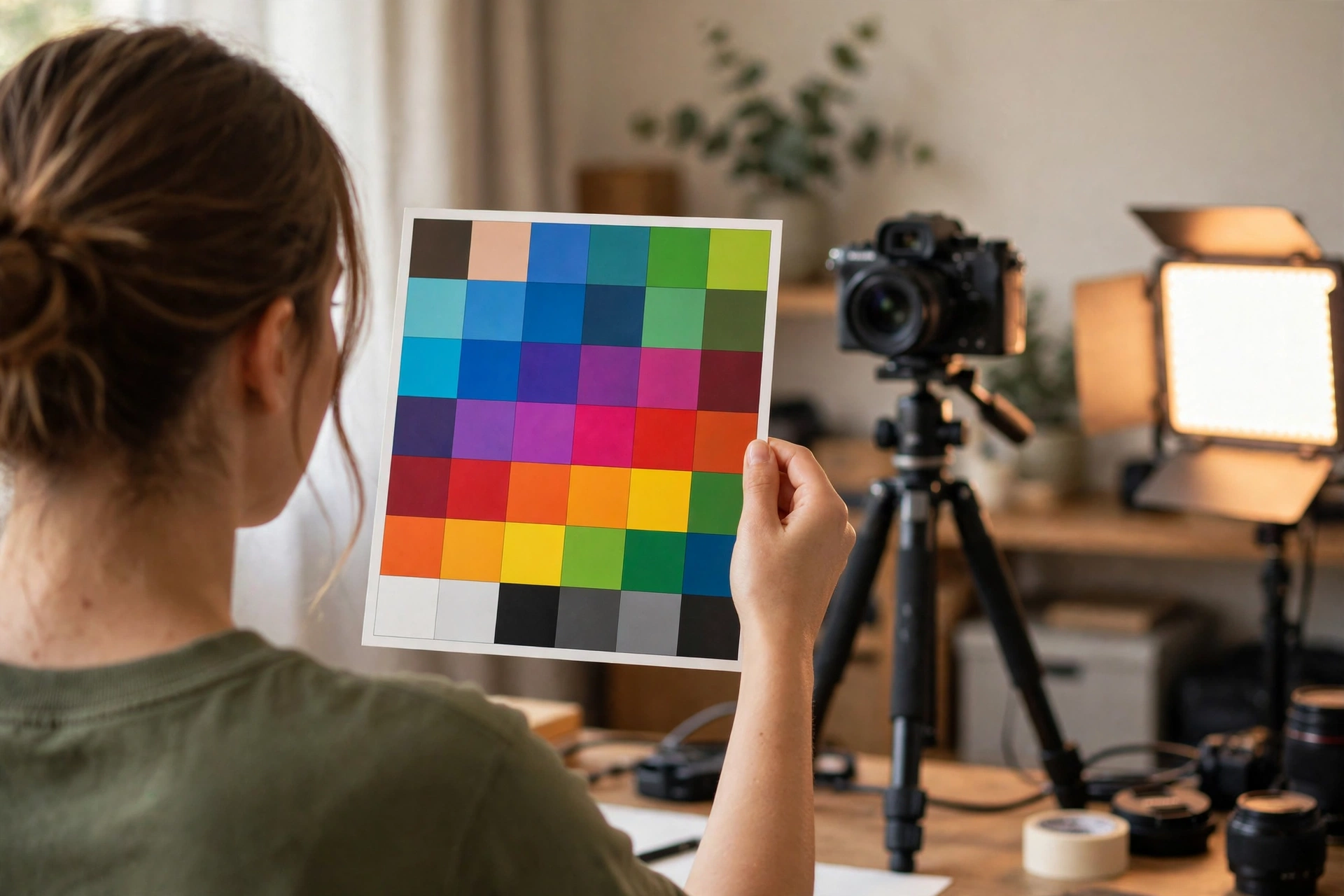 Creator holding a colour checker chart in front of a camera on a tripod while testing an LED panel in a home studio
