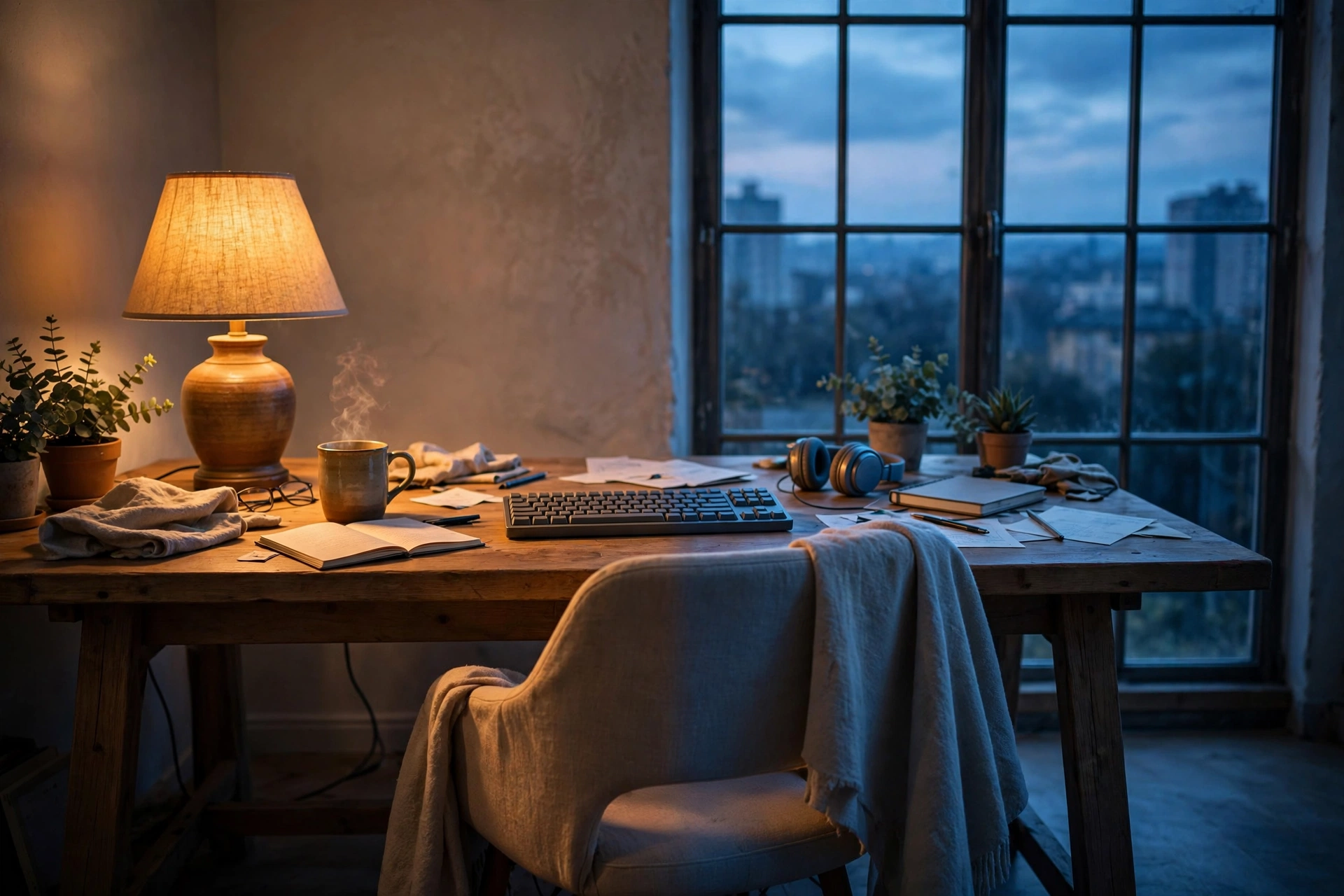 Desk setup split between cool blue window daylight on one side and a warm amber table lamp on the other, showing mixed colour temperatures in one room