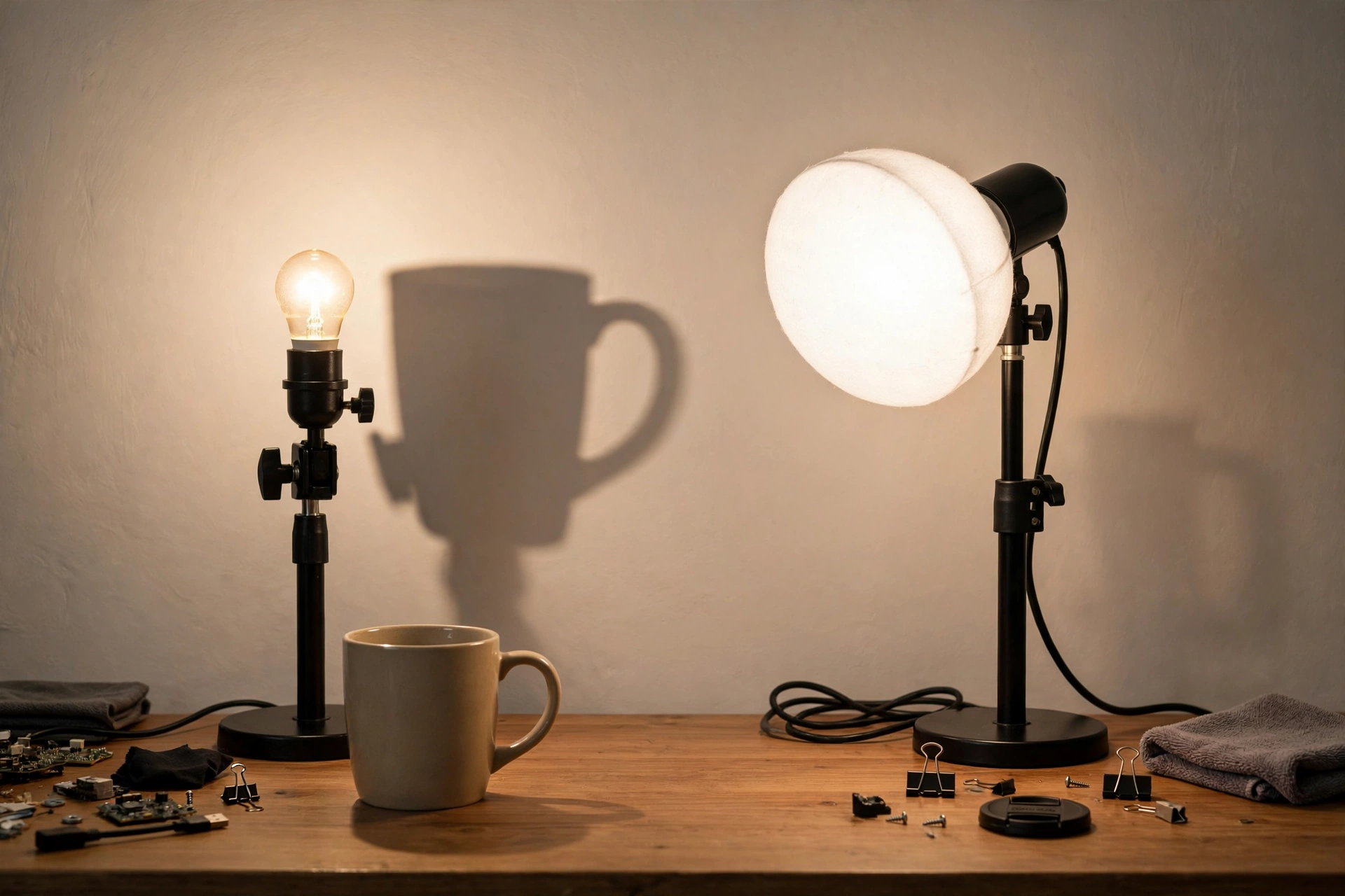 Desk lighting test comparing a small bare bulb casting a hard edged mug shadow with a lamp under a large diffusion dome casting a soft faint shadow