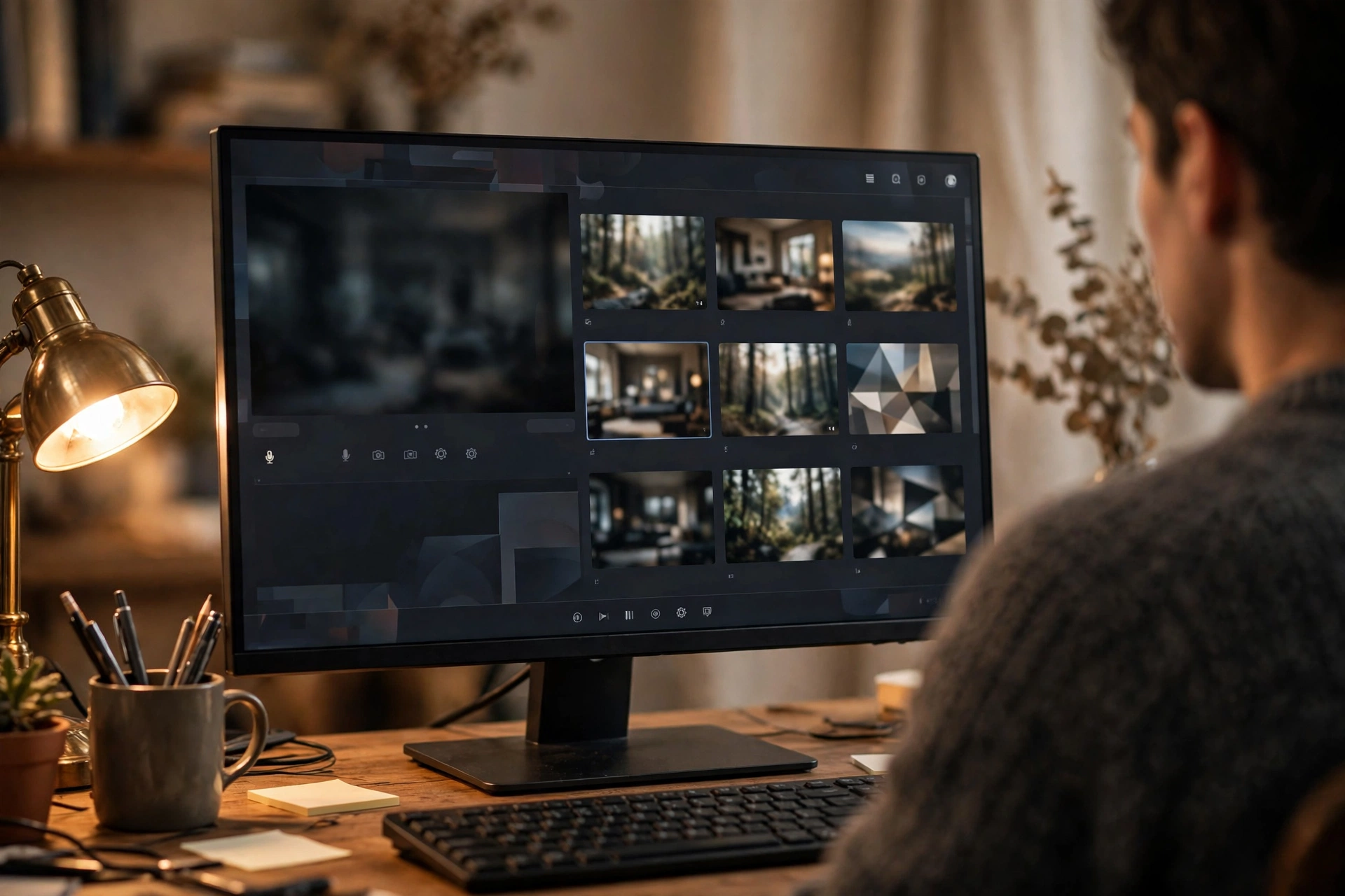 Live Production for Vloggers: OBS, Encoders, Bitrate and Backups 6 Over the shoulder view of streaming software on a monitor showing a grid of scene thumbnails