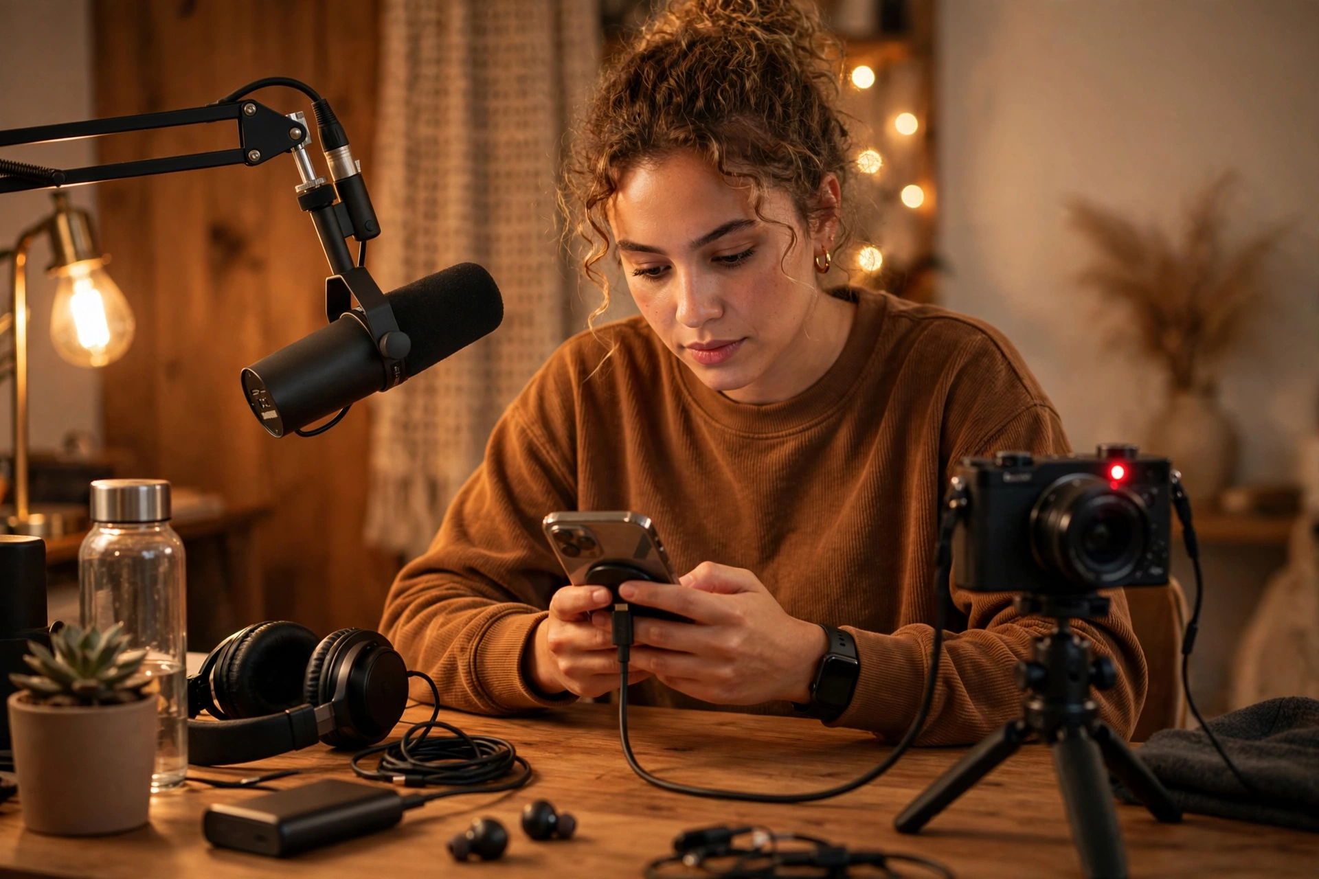 Live Production for Vloggers: OBS, Encoders, Bitrate and Backups 7 Creator checking a phone tether connection and a glowing recording indicator while streaming at a desk