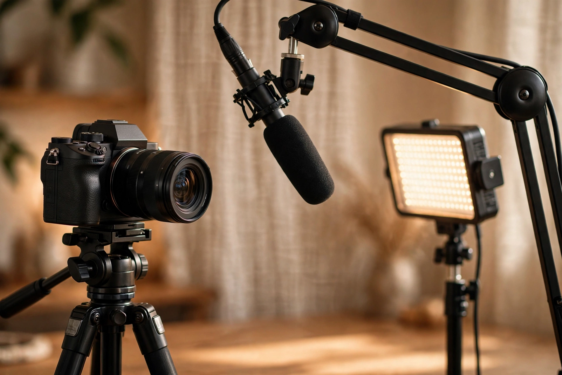 Live Production for Vloggers: OBS, Encoders, Bitrate and Backups 5 Close view of a streaming setup with a camera on a tripod, a key light, and a microphone on a boom arm