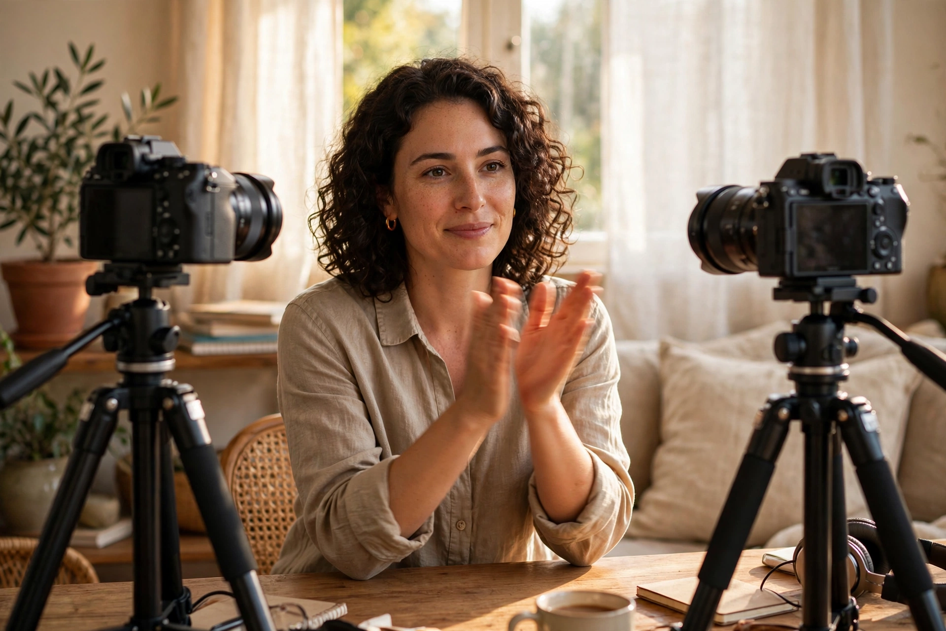 Creator clapping hands once in front of two cameras on tripods to create a sync point for a multi camera edit