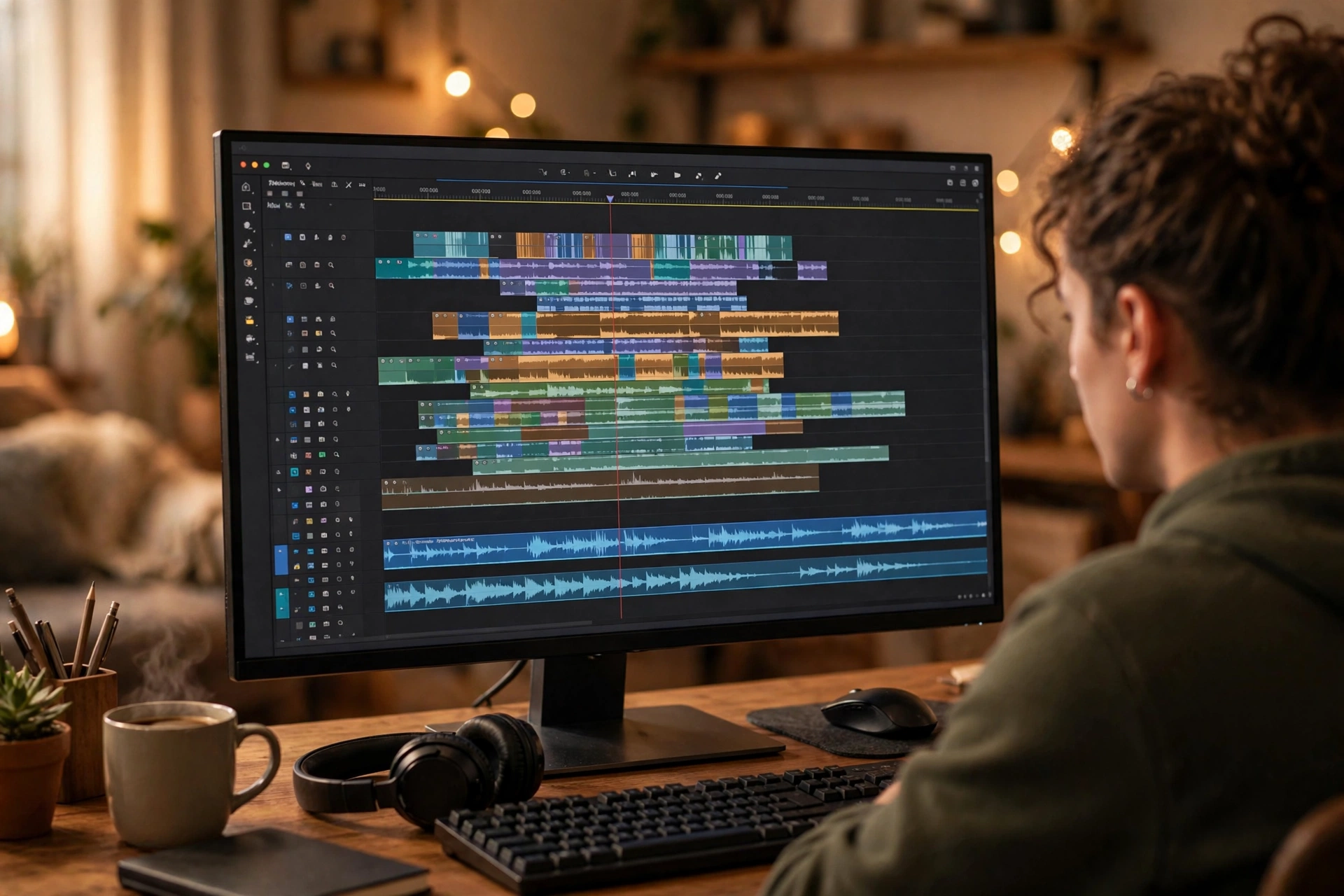 Editing monitor showing stacked camera tracks in a multicam timeline while an editor cuts between two interview angles