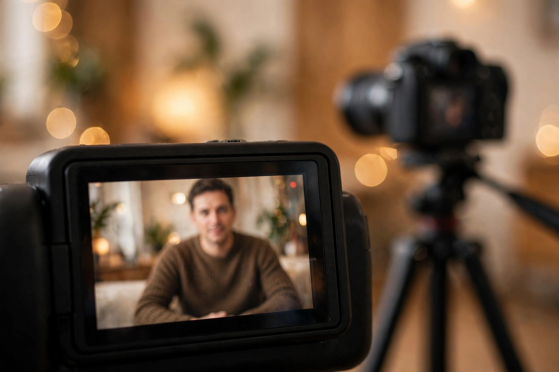 Close view of a camera LCD during an interview recording with a second camera visible behind it, both filming the same conversation