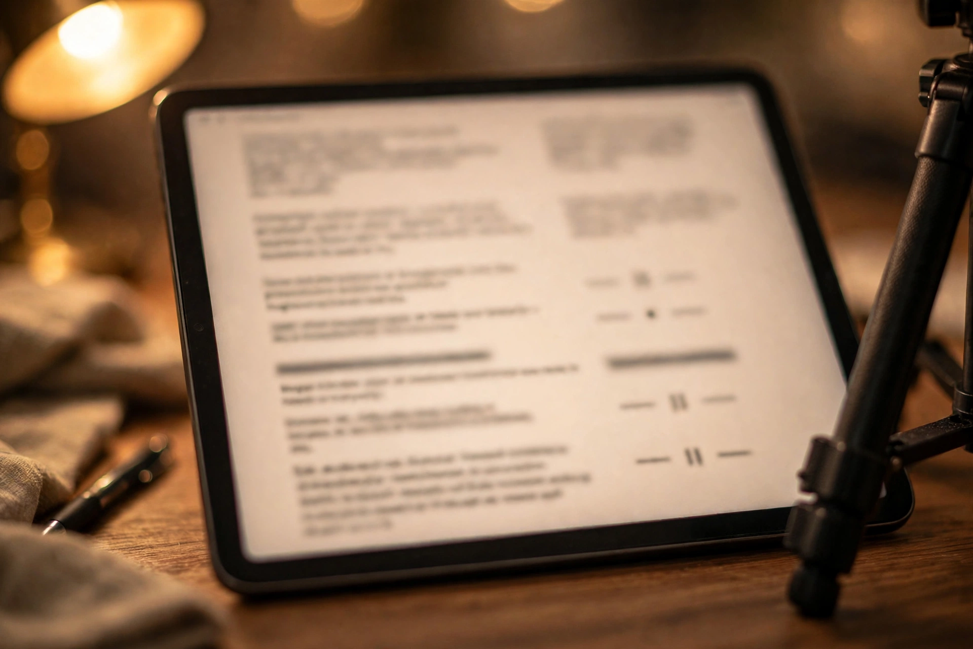 On-Camera Delivery and Teleprompter Technique 6 Close view of a teleprompter script on a tablet broken into short blocks with bold emphasis words and pause marks, ready for recording