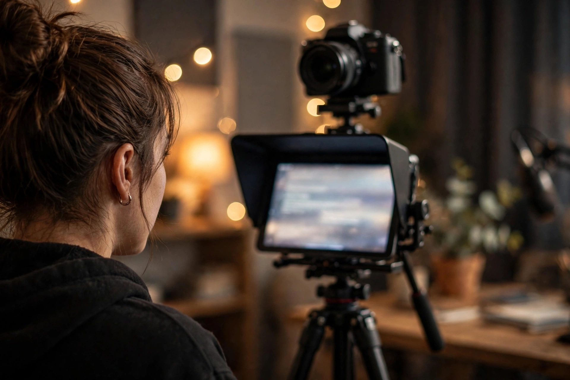 On-Camera Delivery and Teleprompter Technique 5 Over the shoulder view of a creator reading a tablet teleprompter placed directly below a camera lens on a tripod in a small home studio