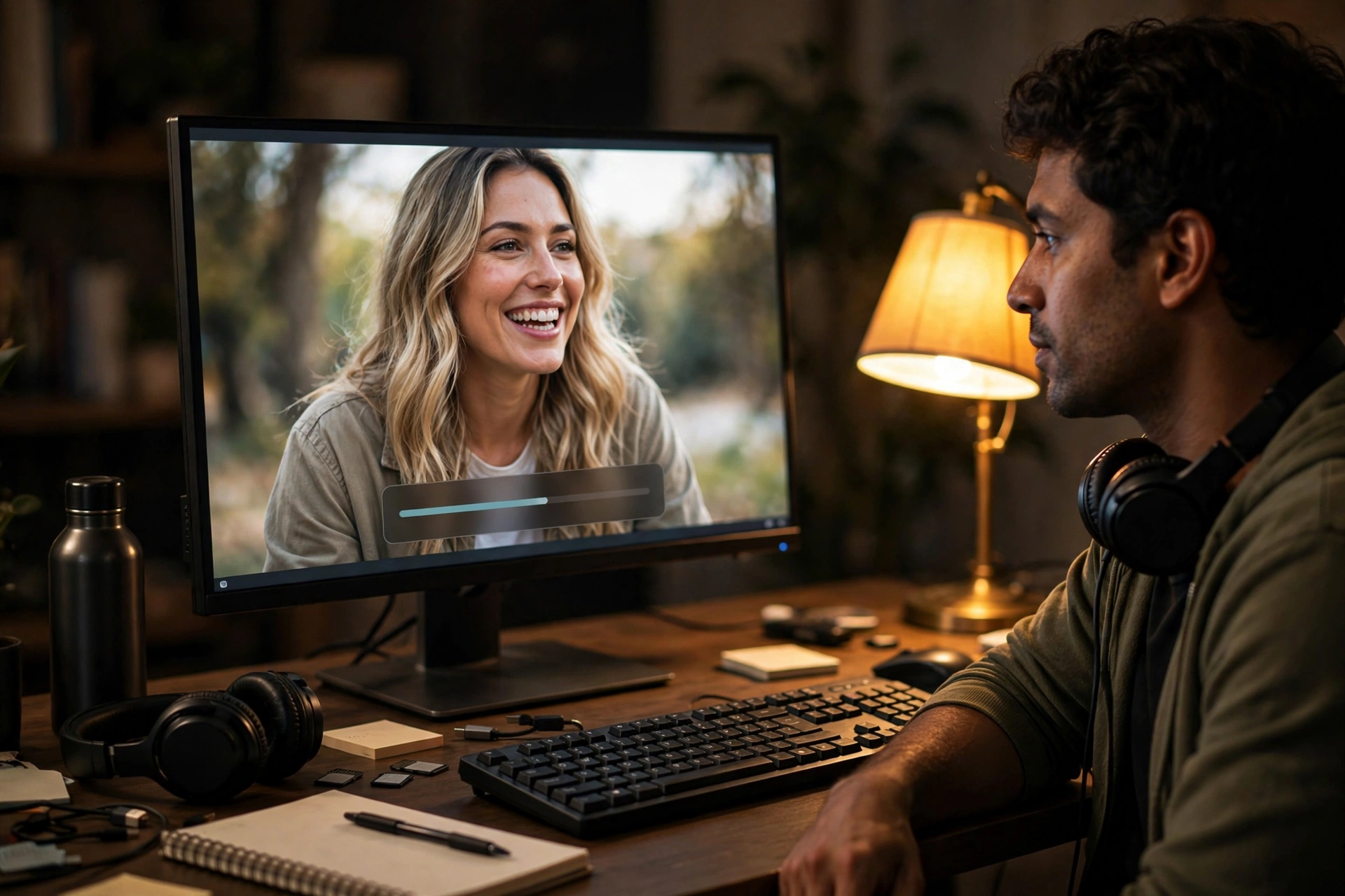 Video editor checking a relinked 4K clip at full size on a monitor during a short test export before final delivery