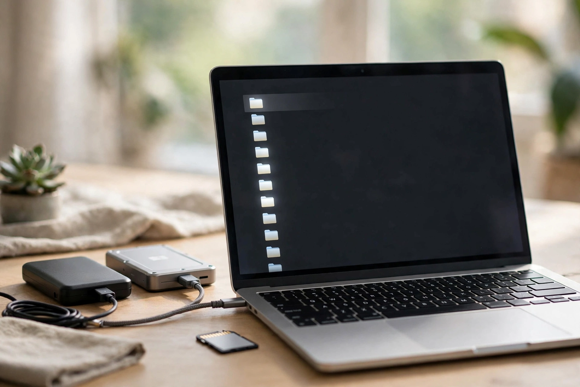Two external hard drives and a laptop on a desk with an organized project folder structure of originals, proxies and exports on screen