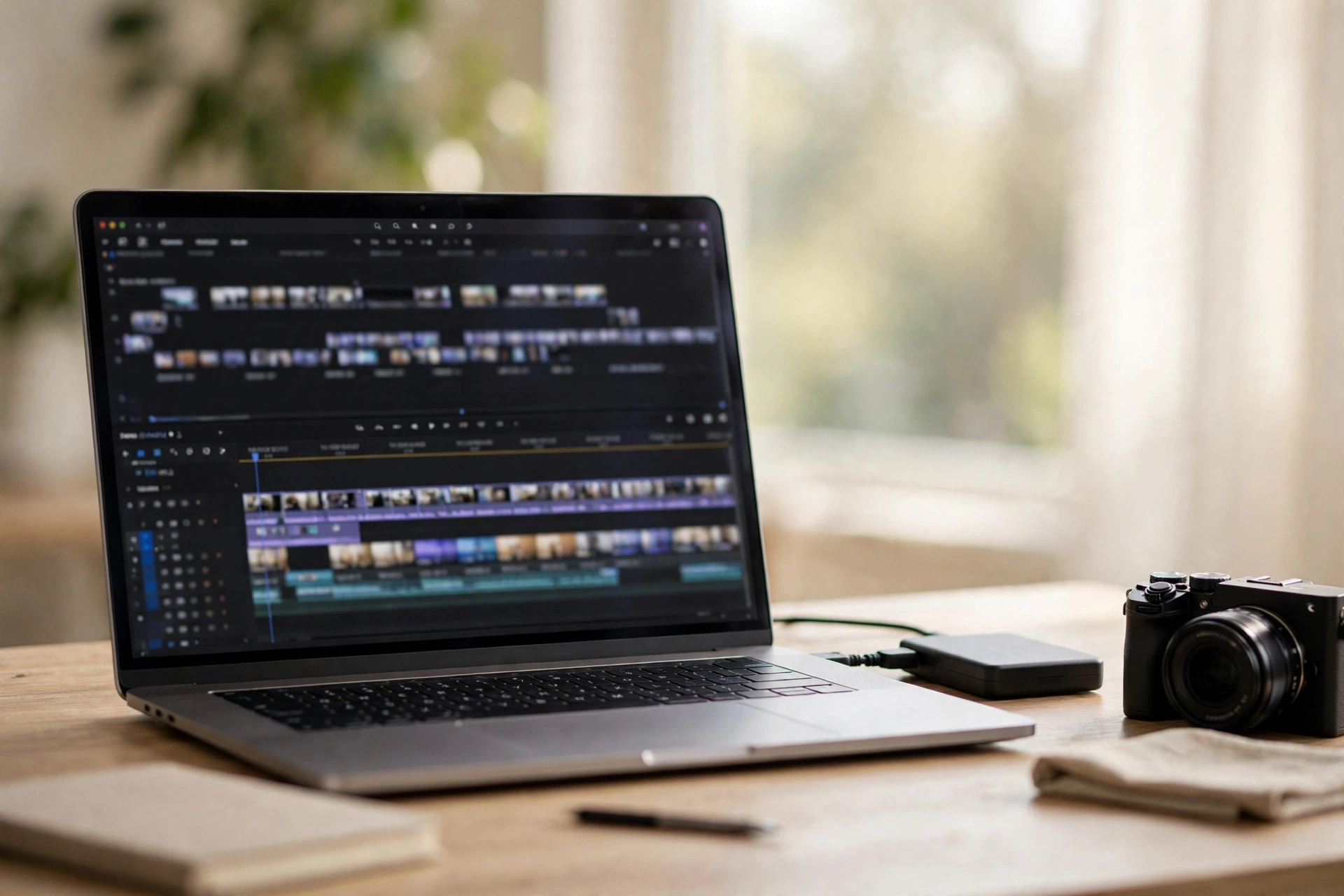 Laptop on a desk playing a smooth 4K vlog timeline while an external drive holds the original camera files