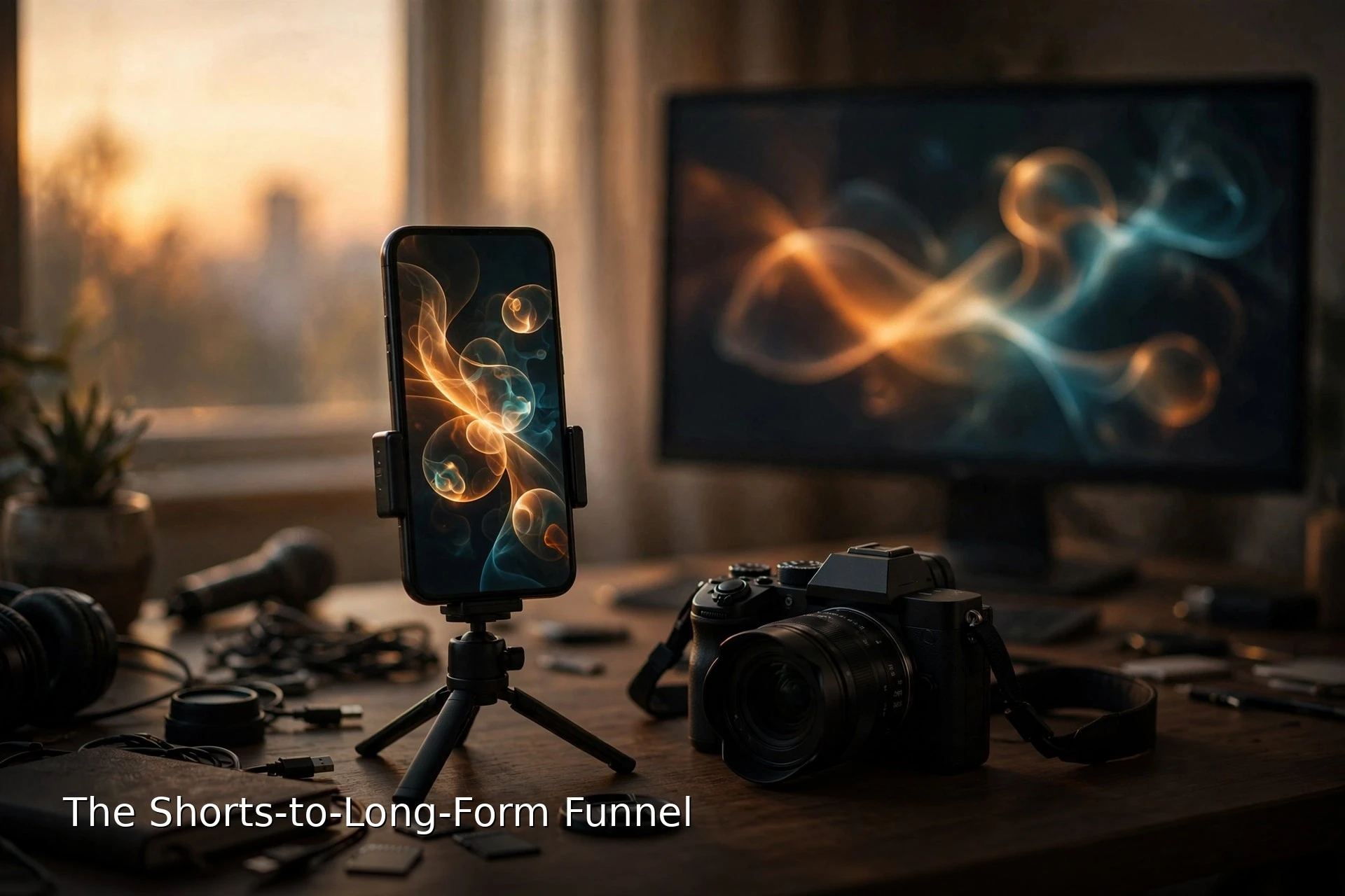Cinematic creator desk with a phone mounted vertically on a small tripod beside a camera and a softly glowing monitor in warm evening light, with the short title The Shorts-to-Long-Form Funnel in white text at the bottom left.