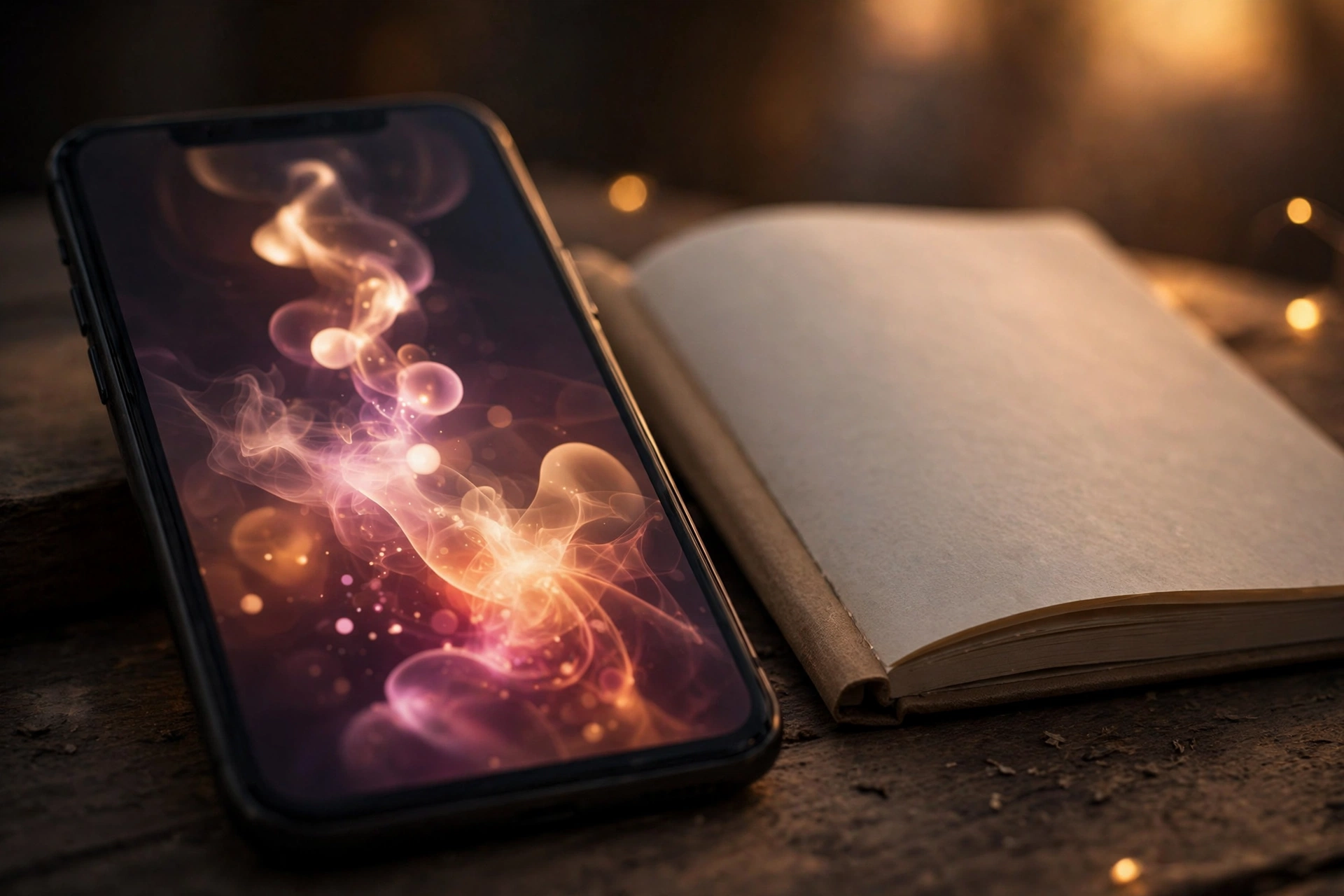 Close view of a phone showing an abstract glowing vertical video feed beside an open blank notebook on a wooden desk in warm light