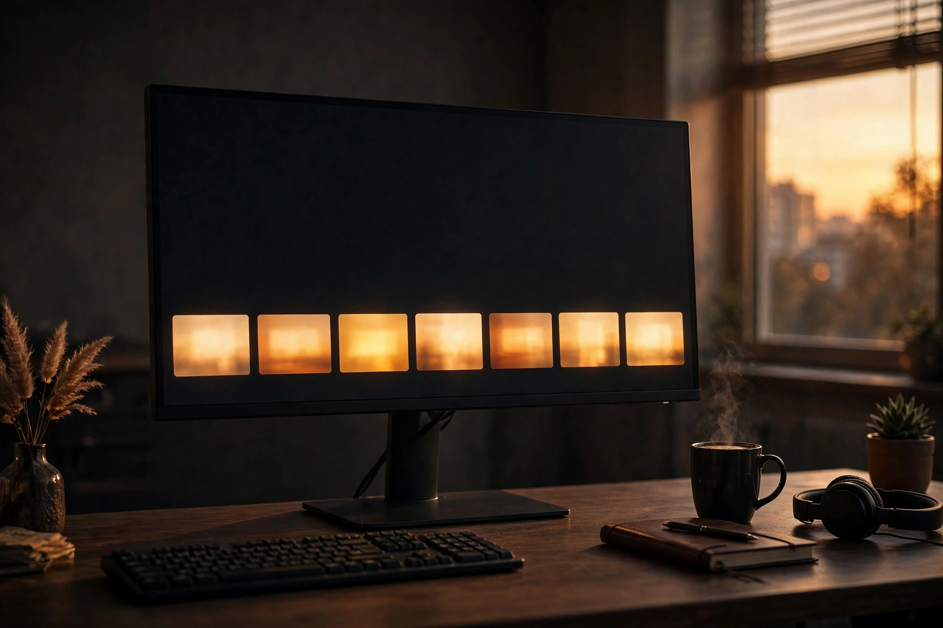 Wide desk scene with a large monitor showing a row of glowing amber rectangles like video thumbnails with no text, beside a keyboard and headphones in warm light