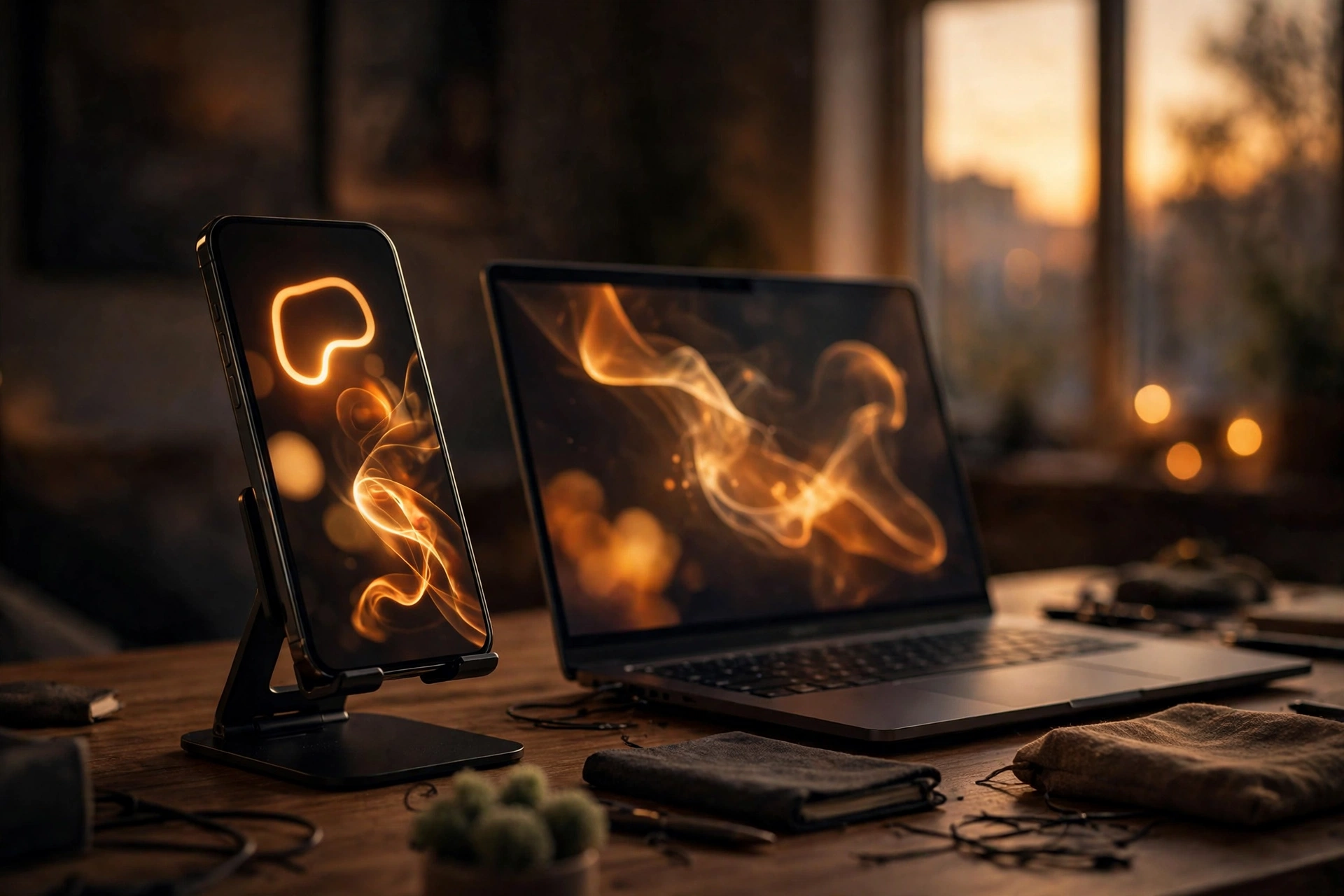 Phone in vertical orientation on a desk stand next to an open laptop, both screens showing soft abstract golden glows in warm evening light