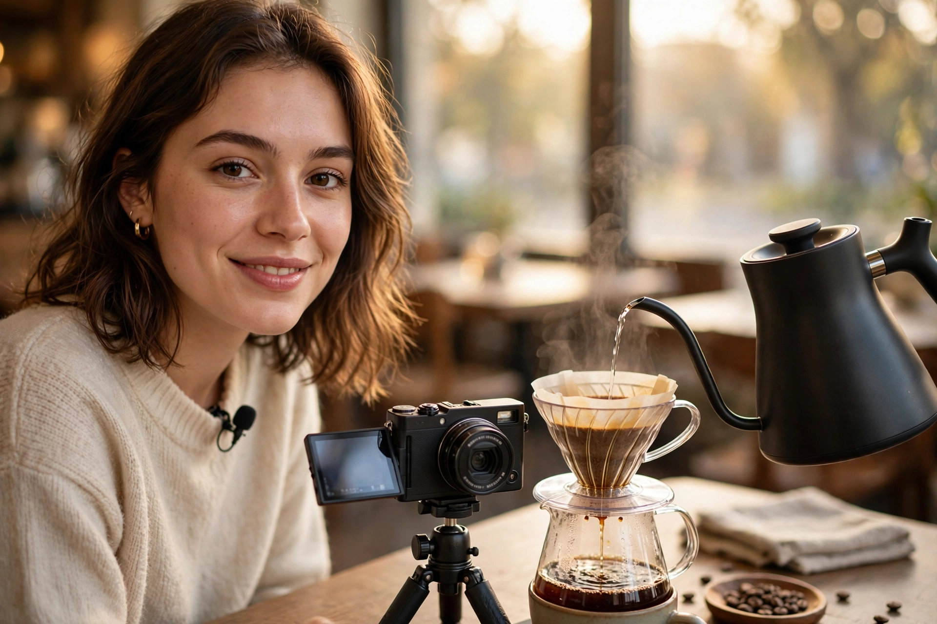 Slow Motion for Vlogs: 60fps, 120fps, S&Q and Conforming 6 Vlogger filming a coffee pour over at a cafe table with a camera on a small tripod in warm window light