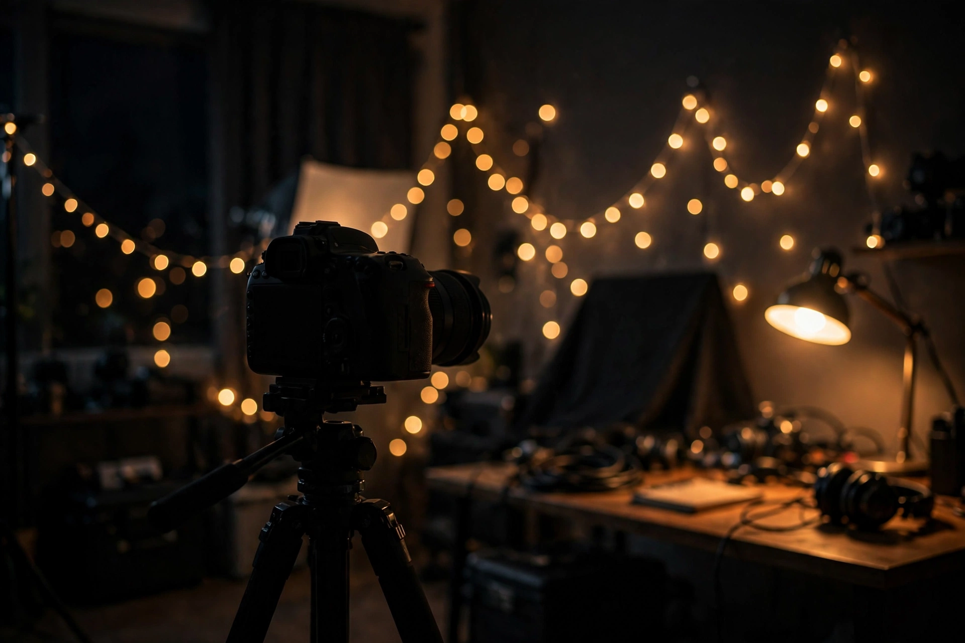Slow Motion for Vlogs: 60fps, 120fps, S&Q and Conforming 7 Dim filming room with warm LED string lights and a desk lamp glowing beside a camera on a tripod