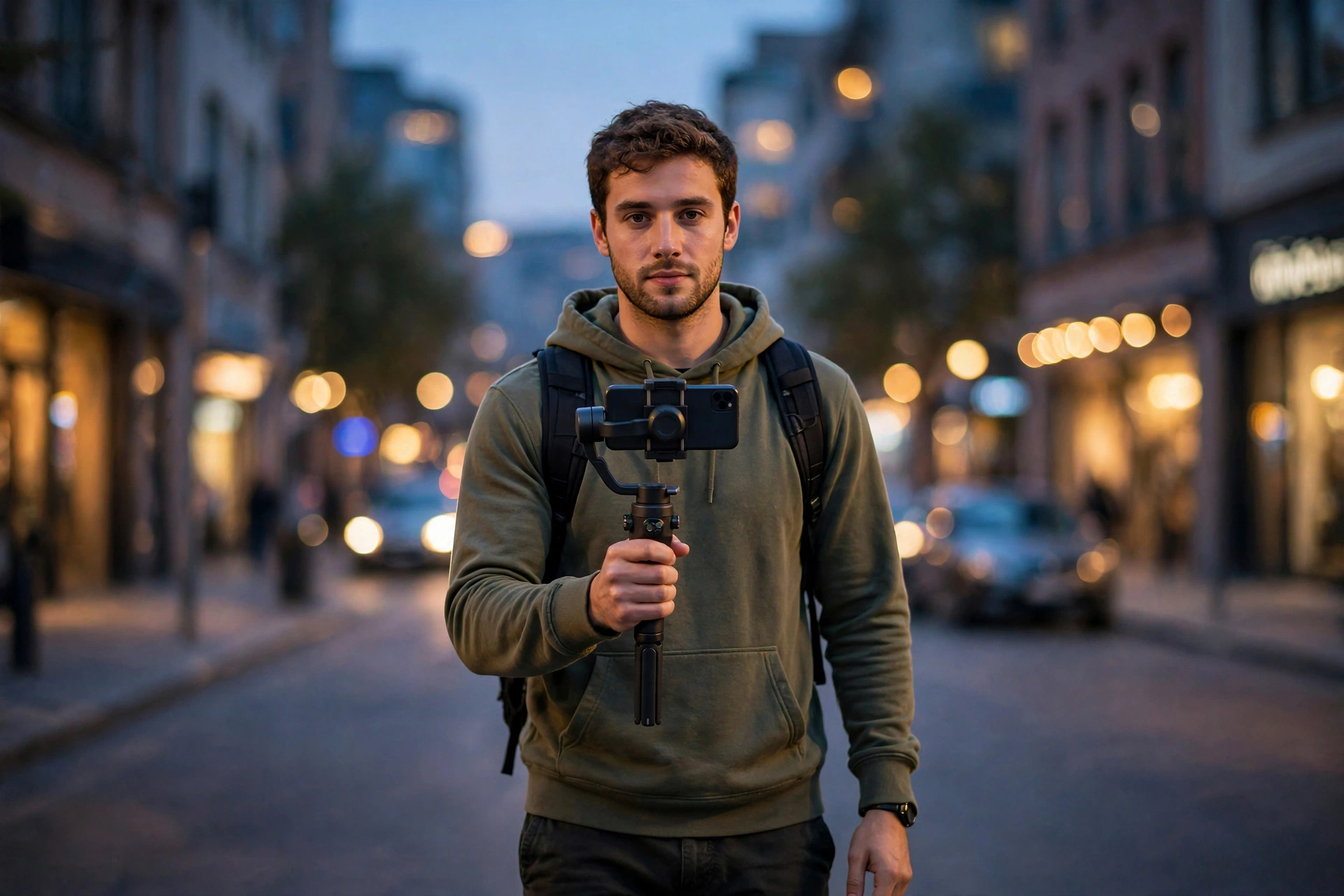 Smartphone Cinematography for Vloggers: Phone Log, Pro Apps, ND and Settings 6 Vlogger walking slowly toward camera at dusk holding a phone on a small gimbal, city lights soft behind, smooth tracking movement