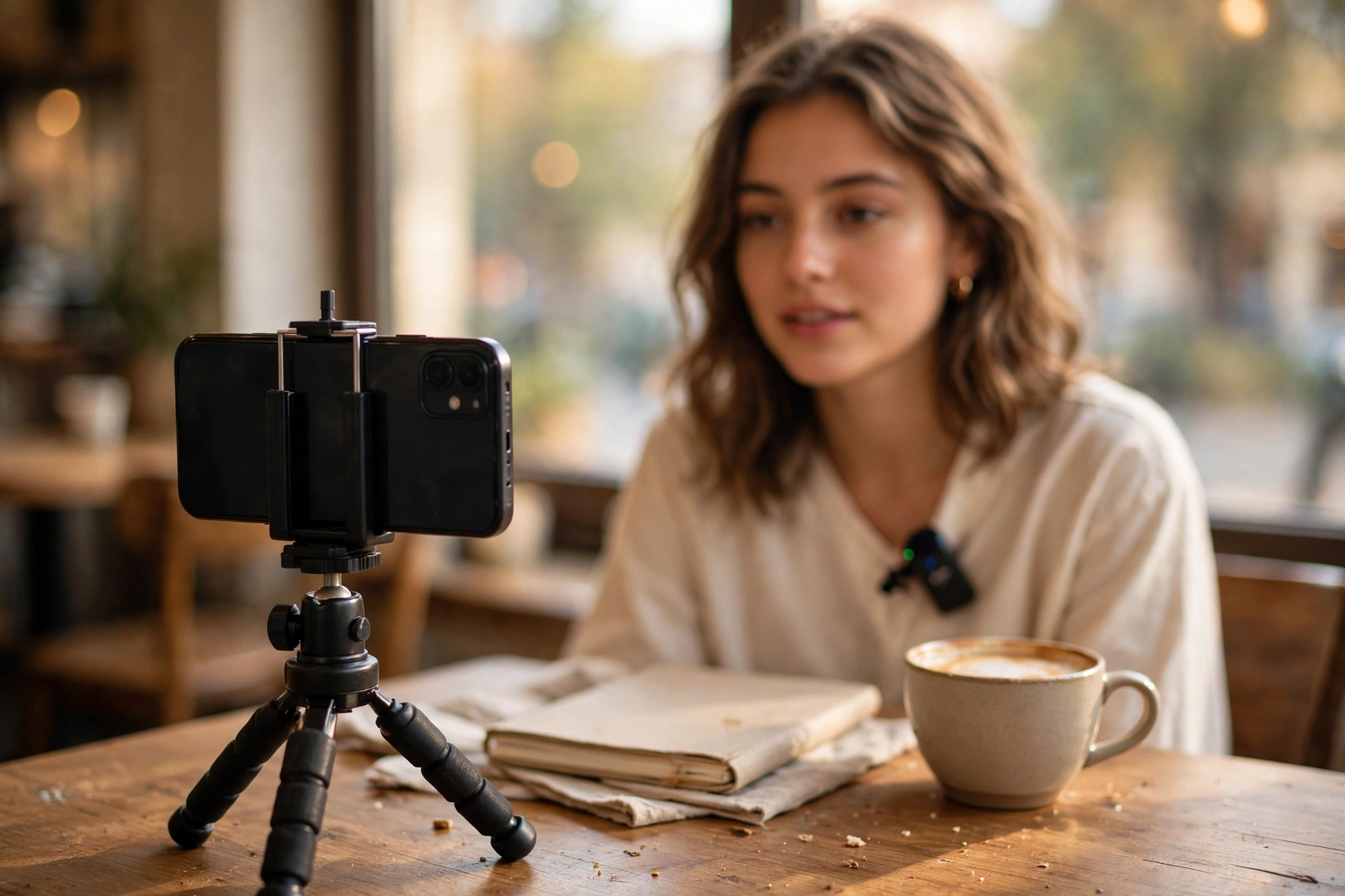 Smartphone Cinematography for Vloggers: Phone Log, Pro Apps, ND and Settings 7 Phone on a mini tripod at a cafe table filming a vlogger in window light, wireless microphone clipped to her shirt, notebook and coffee beside her