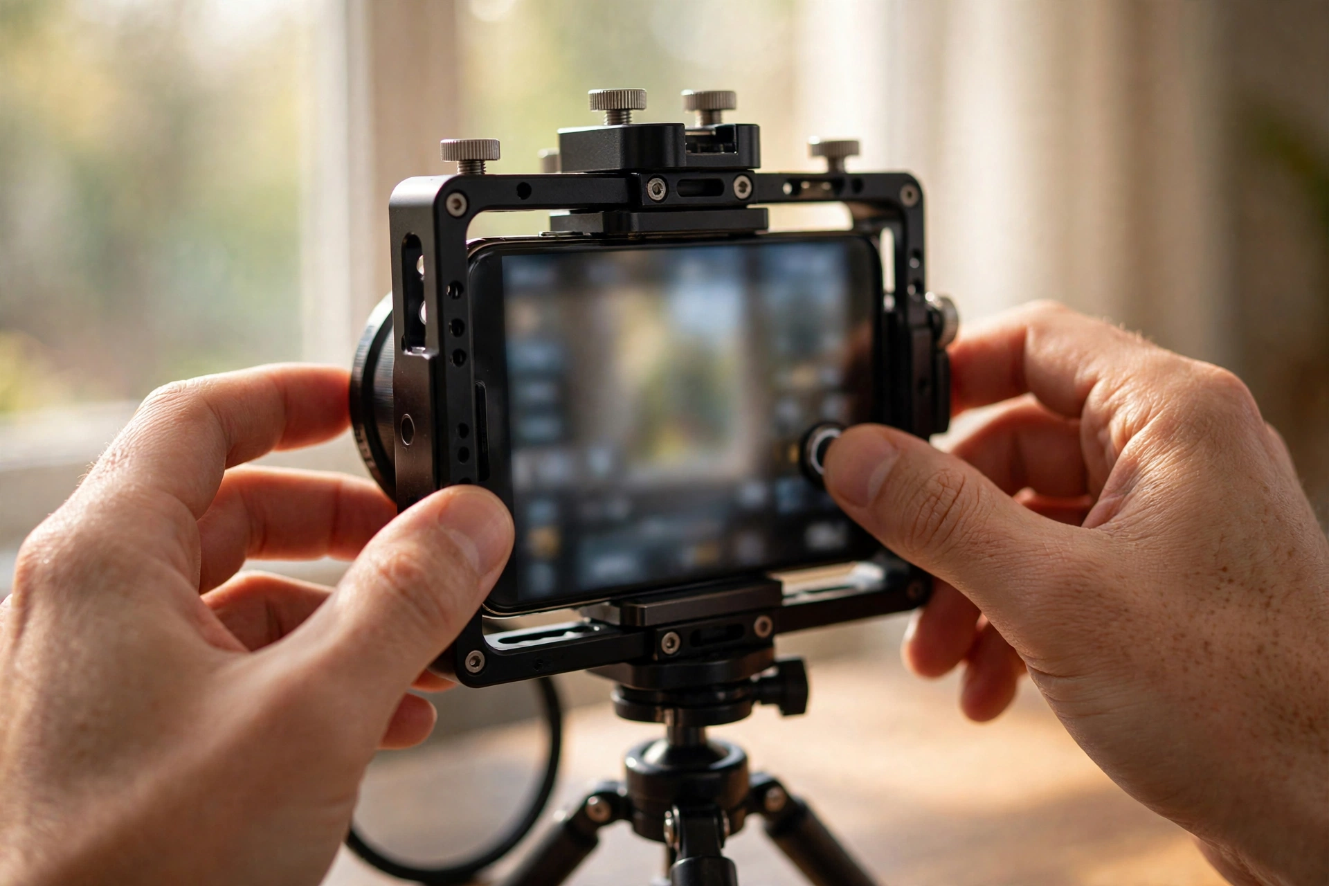 Smartphone Cinematography for Vloggers: Phone Log, Pro Apps, ND and Settings 5 Hands setting manual exposure on a smartphone camera app, the phone mounted in a cage on a small tripod beside a bright window with a variable ND filter resting against it