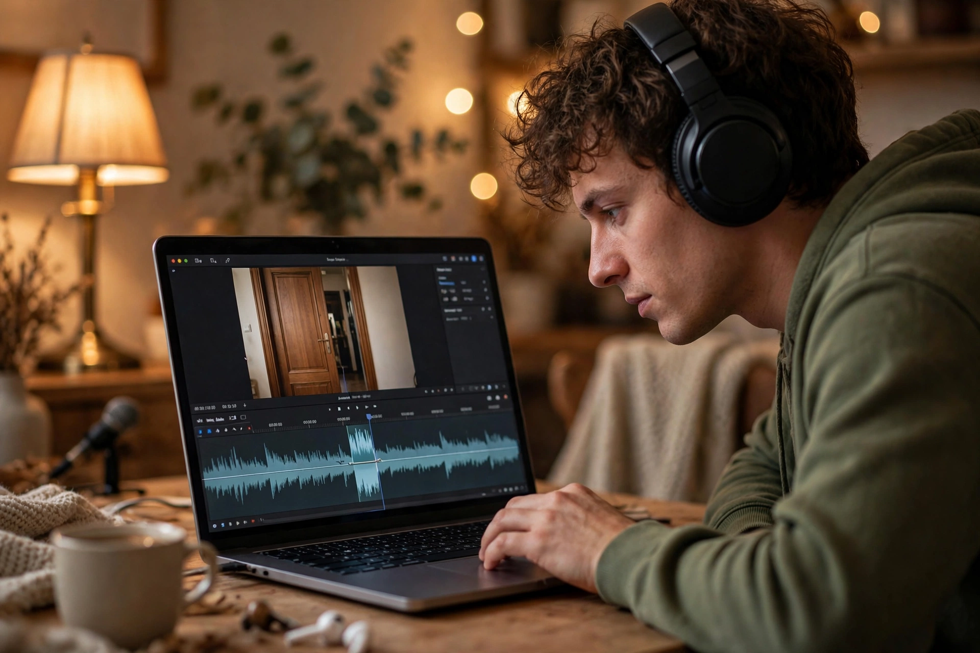 Creator wearing headphones leaning toward a laptop timeline, placing a sound effect on the exact frame of a door closing in a vlog clip