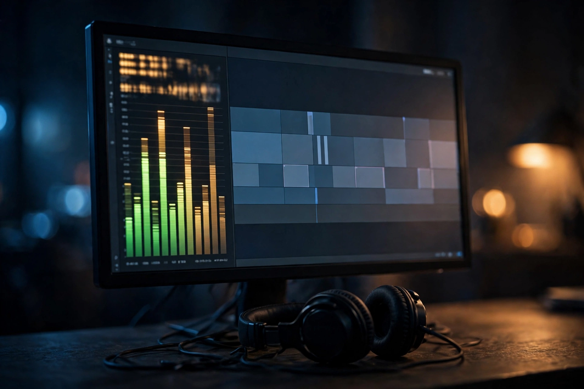 Loudness meter on an editing monitor in a dark room reading near the YouTube target while a vlog timeline plays