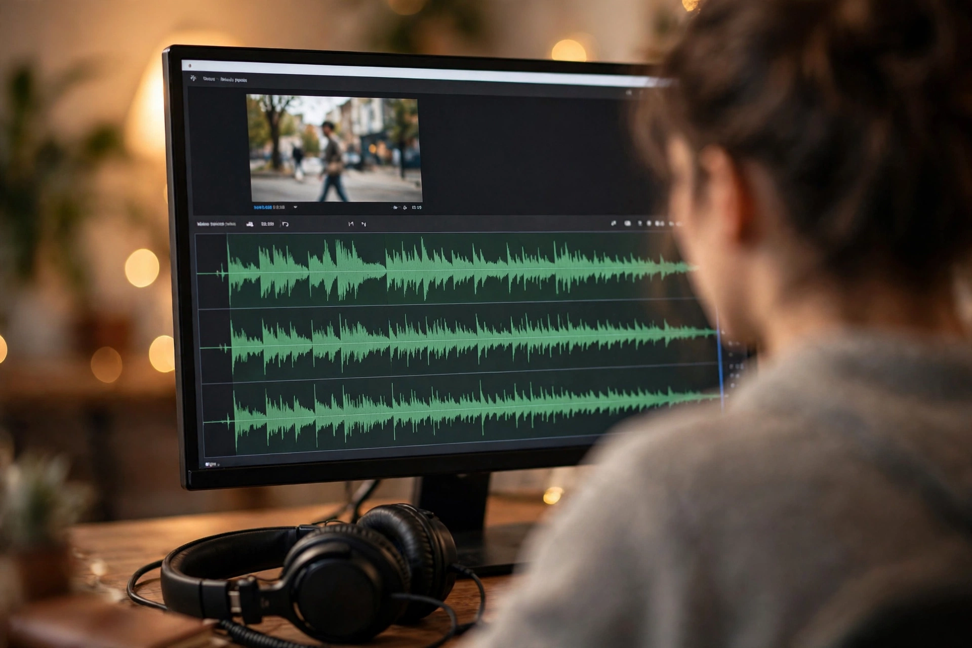 Video editing timeline on a monitor showing stacked audio tracks with green waveforms for voice, ambience and music under a vlog scene
