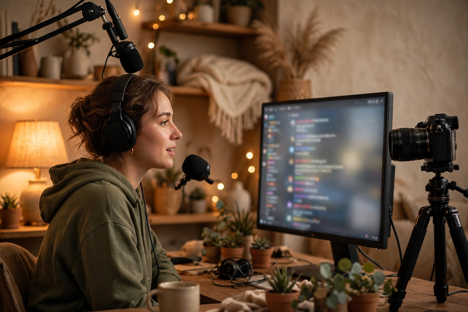 A creator livestreaming from a home studio, camera on a tripod facing them and a monitor showing live chat messages beside them in warm light