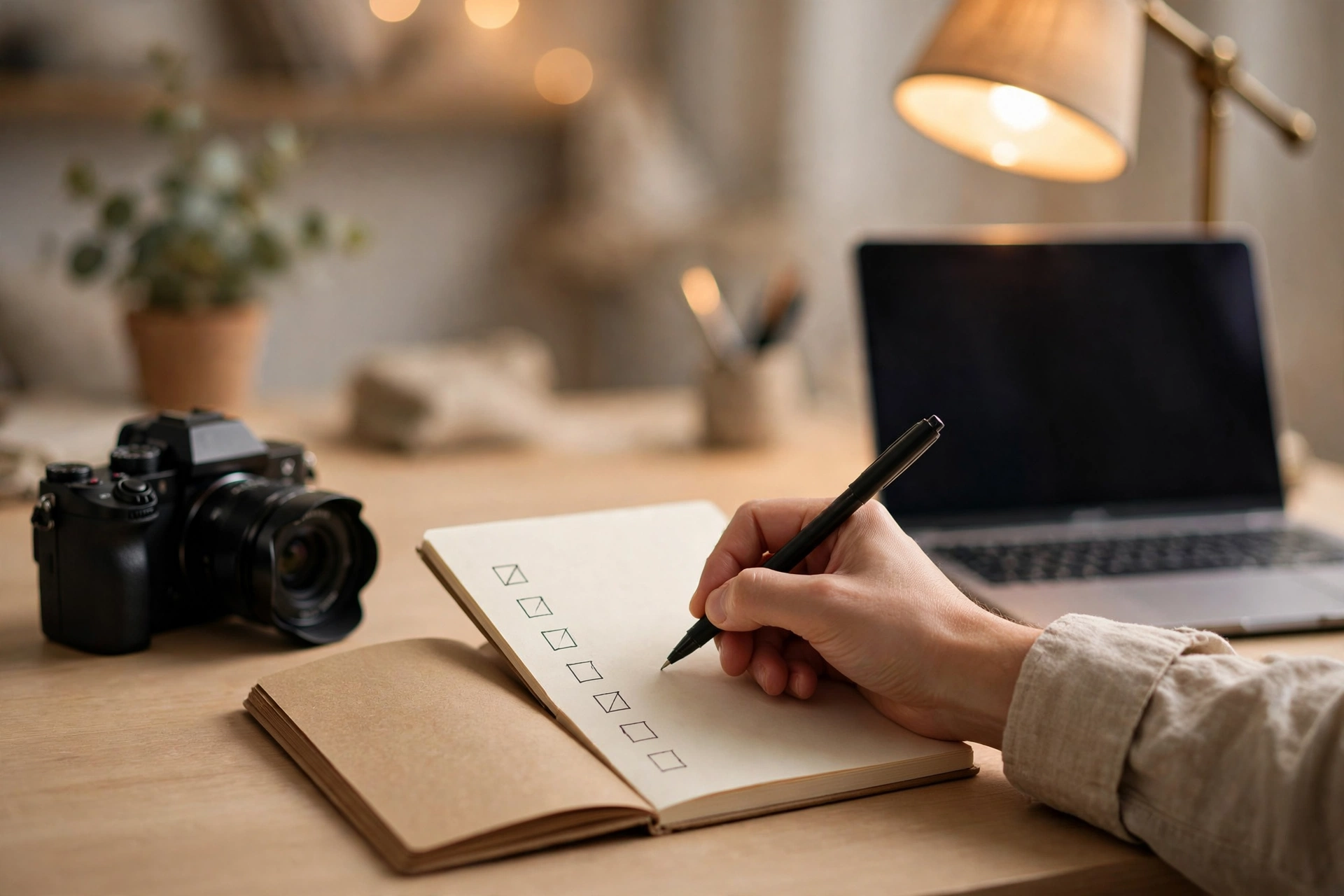 A creator writing a short checklist in a paper notebook at a studio desk, a camera and laptop beside the notebook in warm light