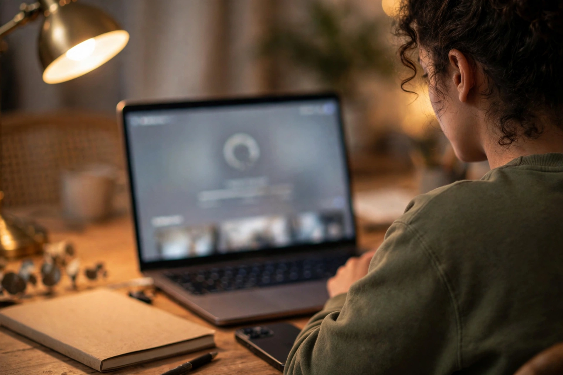 Over the shoulder view of a creator at a desk with a laptop partway through a video upload, a notebook and smartphone beside it in warm lamp light