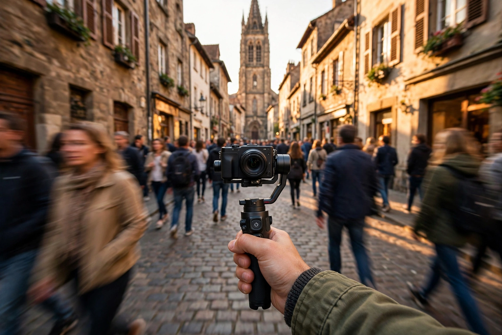 Point of view shot of a vlogger holding a camera on a small gimbal while walking through a historic street toward a cathedral tower, shooting a hyperlapse