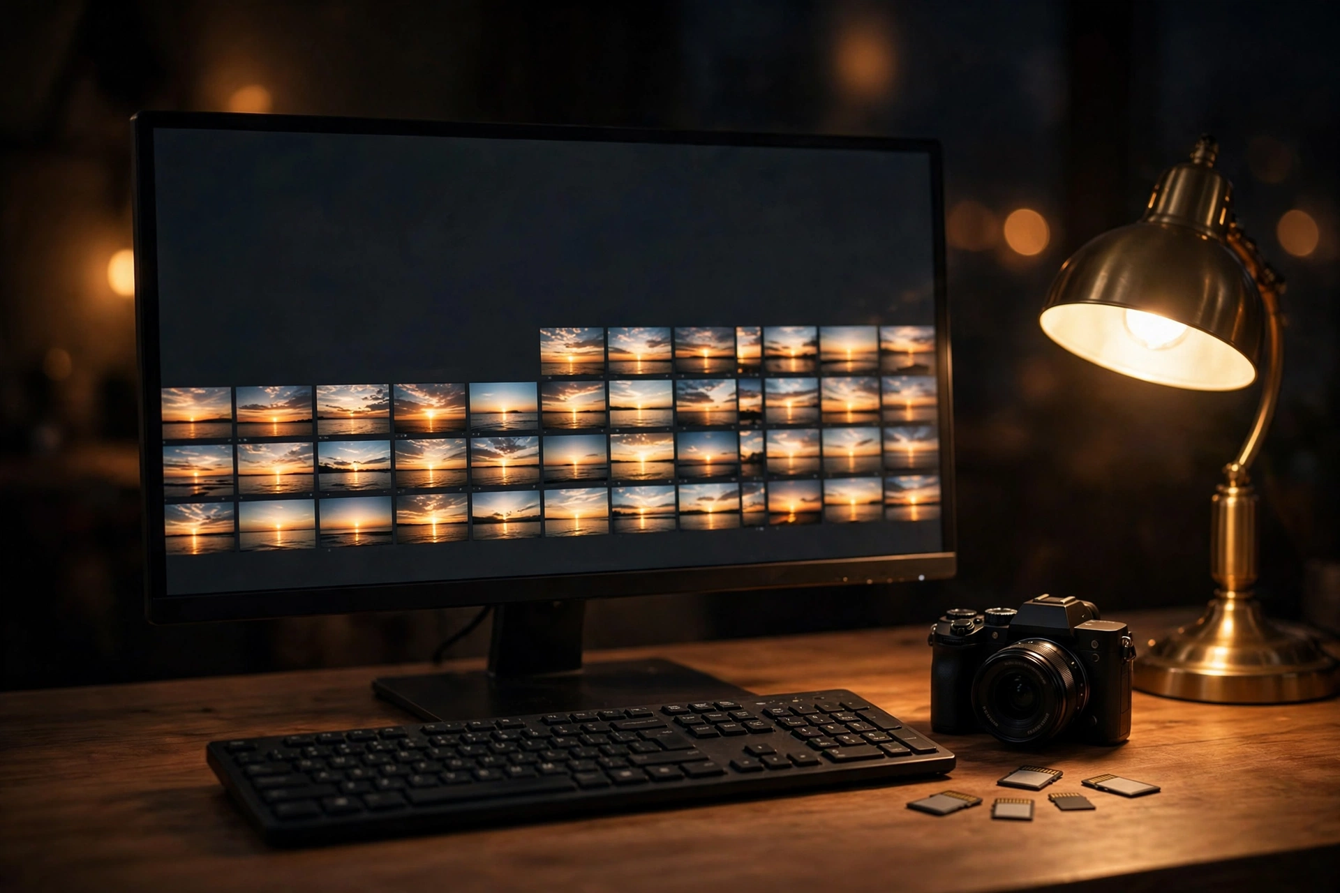 Editing desk at night with a monitor showing a sequence of sunset frames as thumbnails, a camera and memory cards beside the keyboard