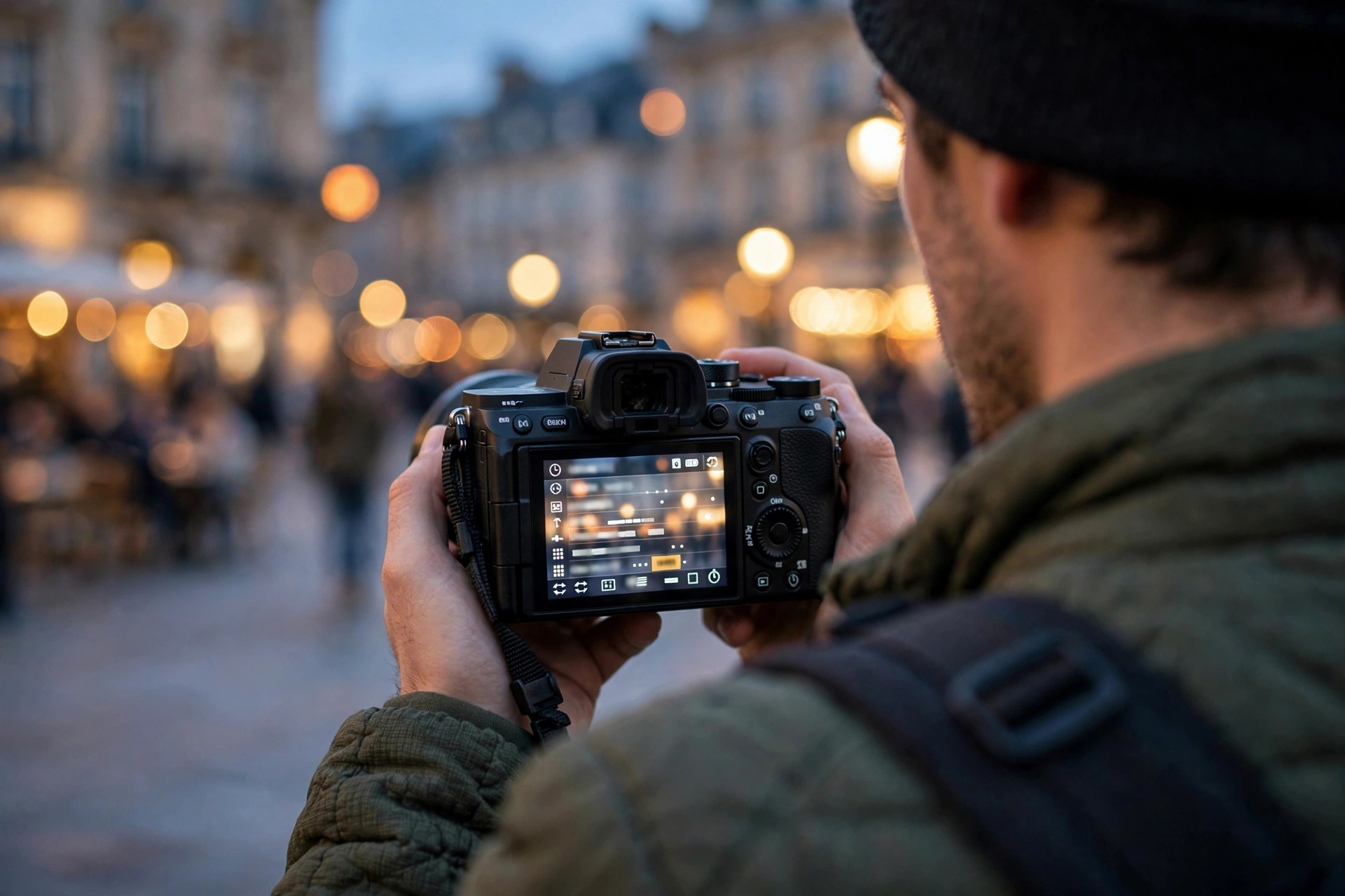 Travel vlogger seen from behind checking the interval shooting settings on a camera screen at dusk, with a blurred city square behind